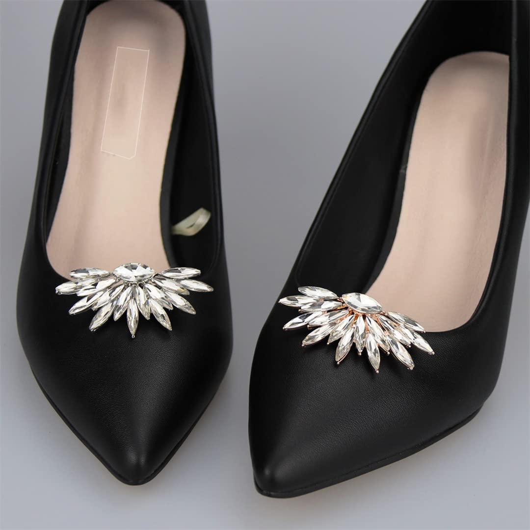 2 Pcs Crystal Feather Shoe Clips - Detachable Metal Shoe Buckles for Women - Elegant Shoe Decorations & Charms for Wedding, Party, Prom - Perfect for Pumps, Flats & Evening Shoes