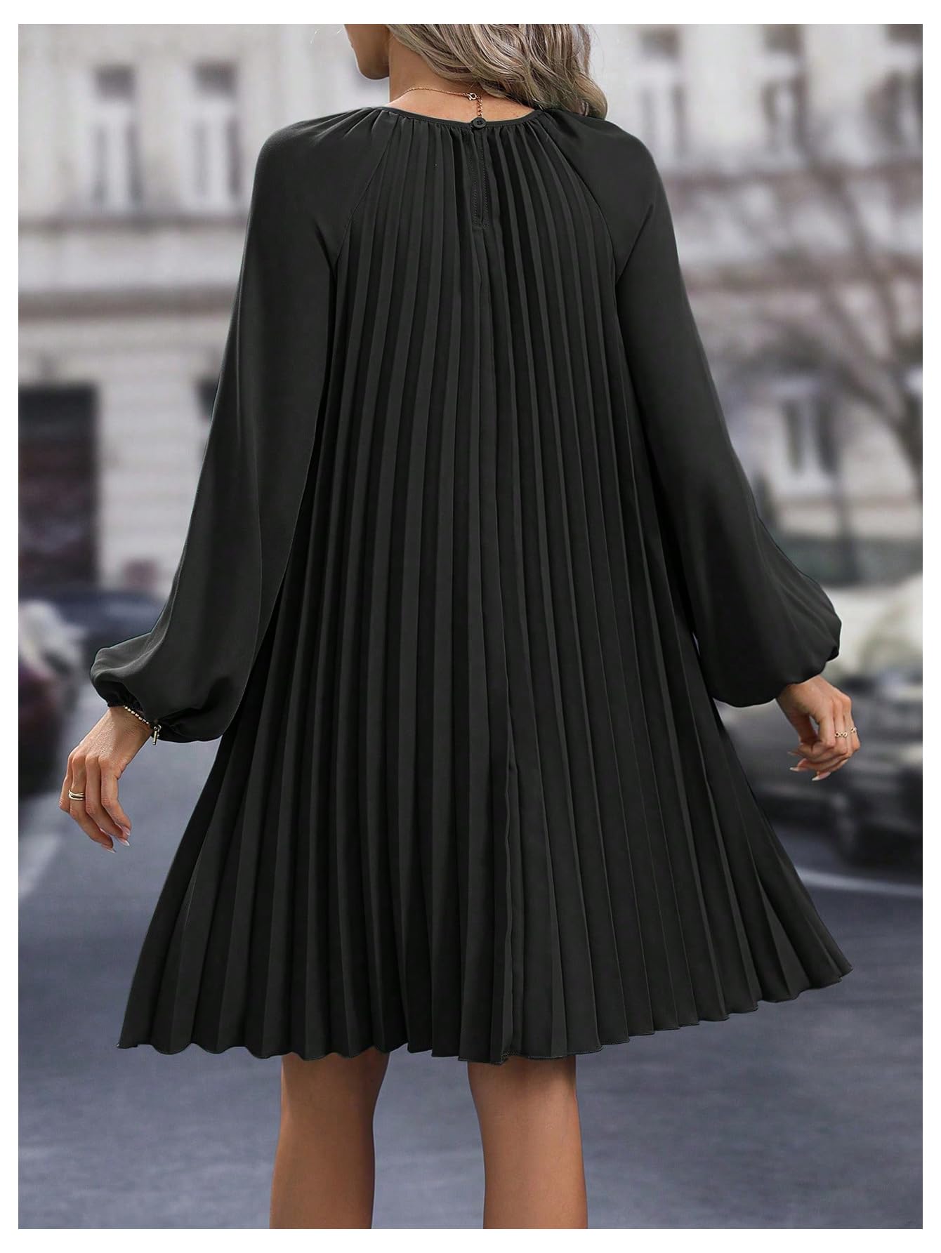 MakeMeChic Women's Elegant Lantern Sleeve Flare Dress - Long Sleeve Pleated A-Line Midi Dress with Round Neck | Perfect for Office Wear, Cocktail Parties & Special Occasions