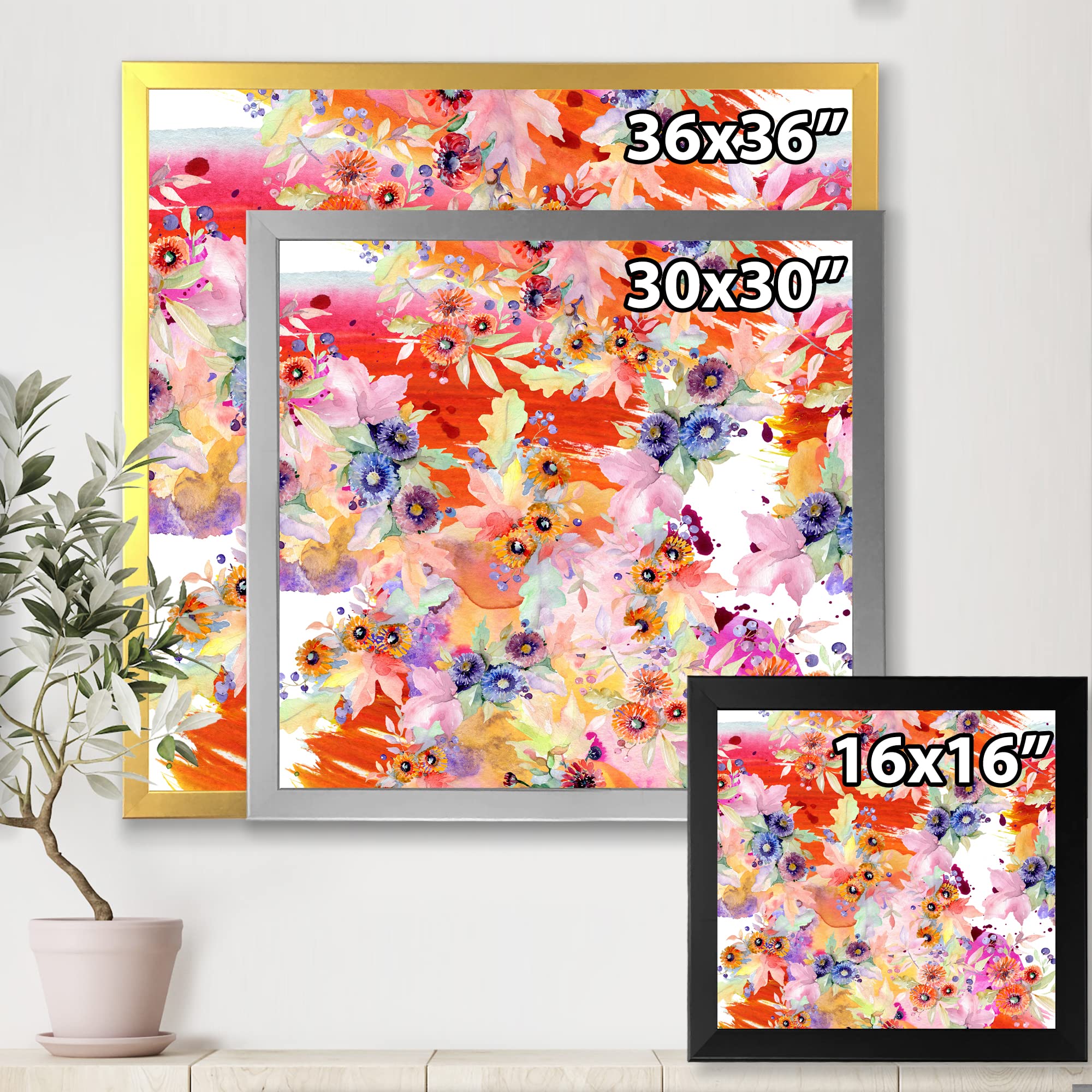 DesignQ Vibrant Wild Spring Leaves & Flowers Modern Framed Wall Art - Nature Inspired Home Decor for Living Room, Bedroom & Office