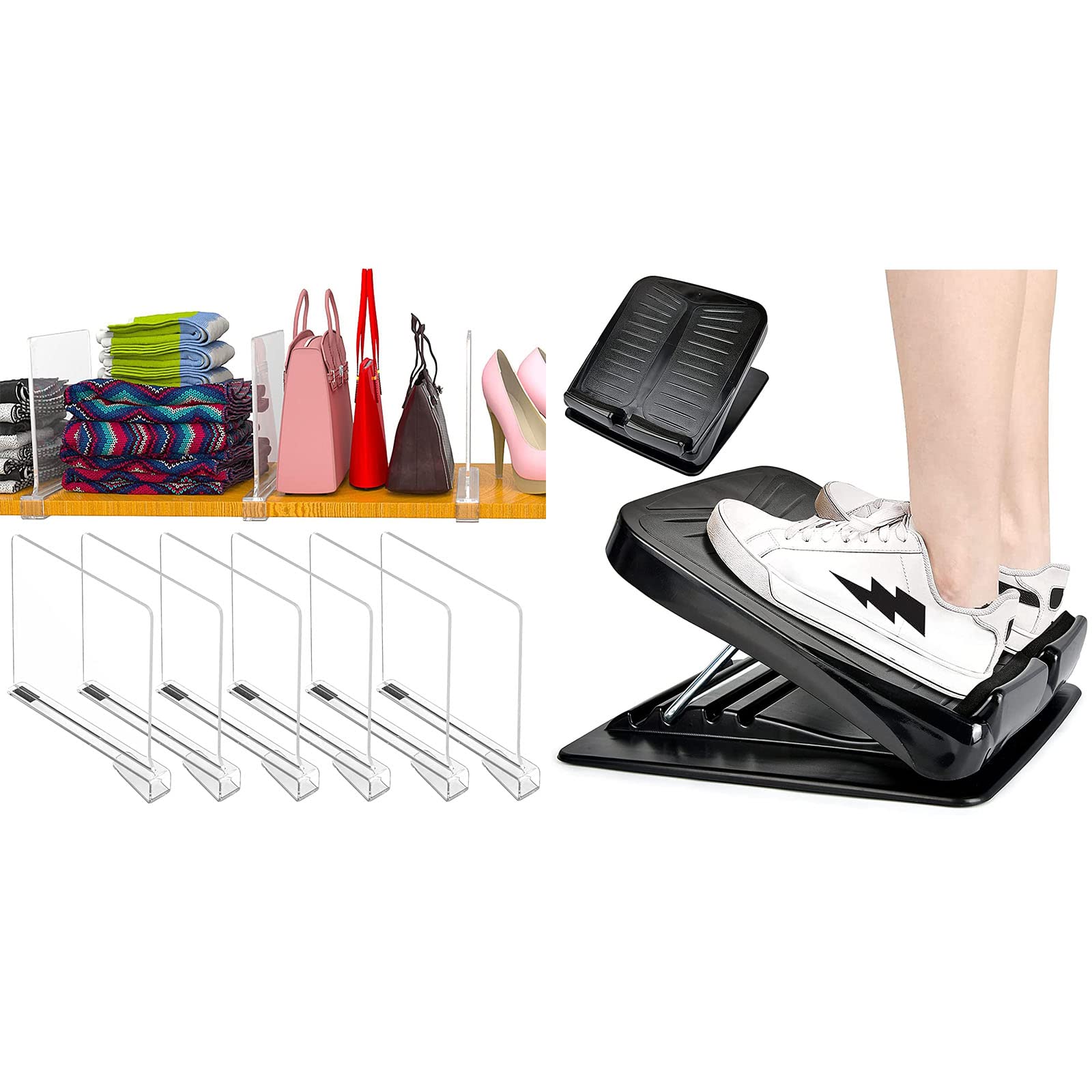 6-Pack Clear Acrylic Shelf Dividers for Closet Organizer - Adjustable Wooden Shelf Organizers & Purse Separators - Multi-Purpose Slant Board for Calf Stretching, Squats Wedge & Home Organization (Perfect for Bedroom Closets, Shoe Racks & Gym Workouts)