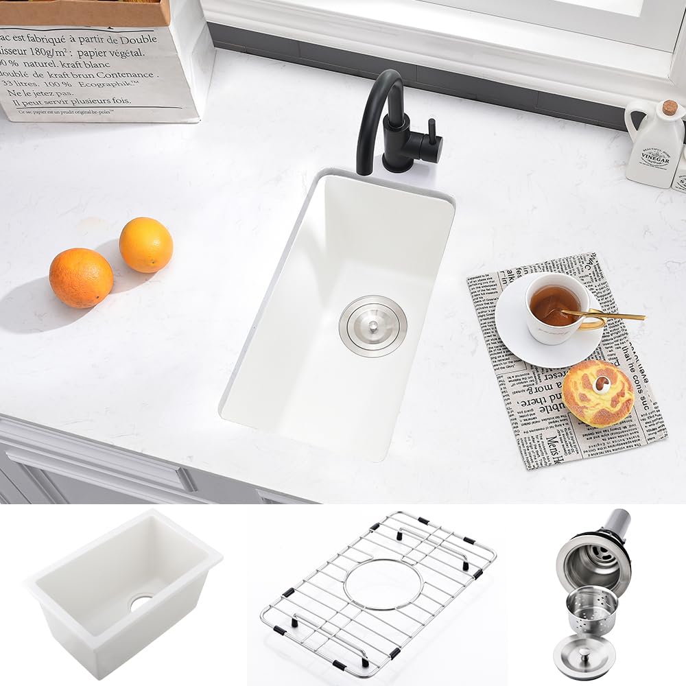 VASOYO 12x16 Inch Undermount Bar Sink - White Quartz Single Bowl Small Kitchen Sink with Bottom Grid for RV, Outdoor & Home Bar Prep | Durable & Stylish Design