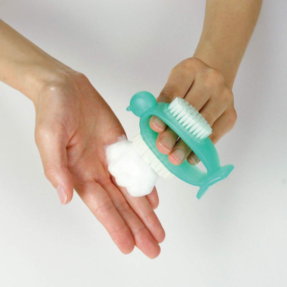 AZ950g Hand Wash Brush with Nail Care - Cute Penguin Green Design, Standing Clean Storage for Bathroom & Kitchen Sink Organization