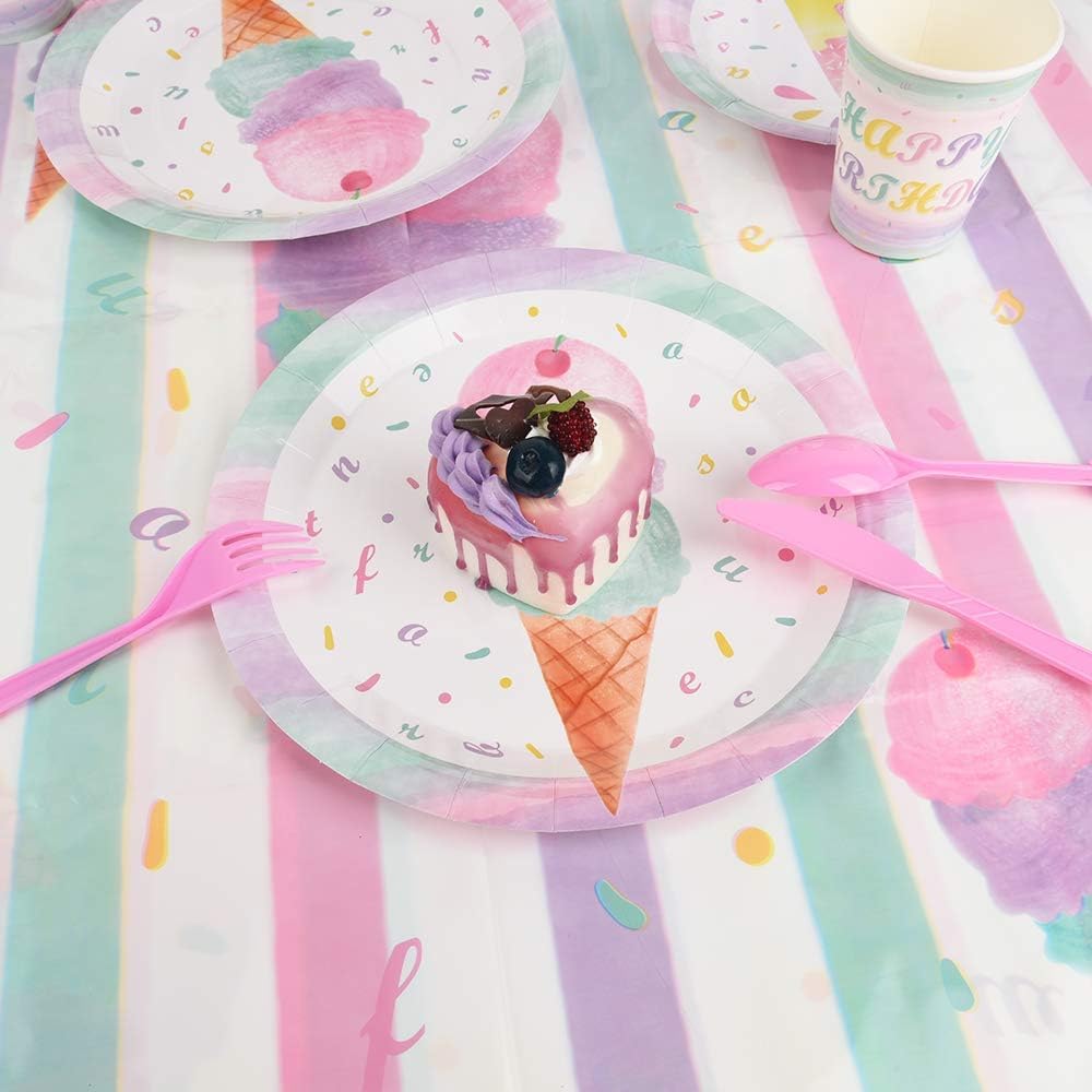 130PCS Ice Cream Party Supplies Set - Disposable Tableware for Kids Birthday, Baby Shower & Summer Parties (Includes Tablecloth, Plates, Cups, Napkins, Cutlery & Bags) - Serves 16 Guests - Perfect for Outdoor Picnics & Birthday Celebrations