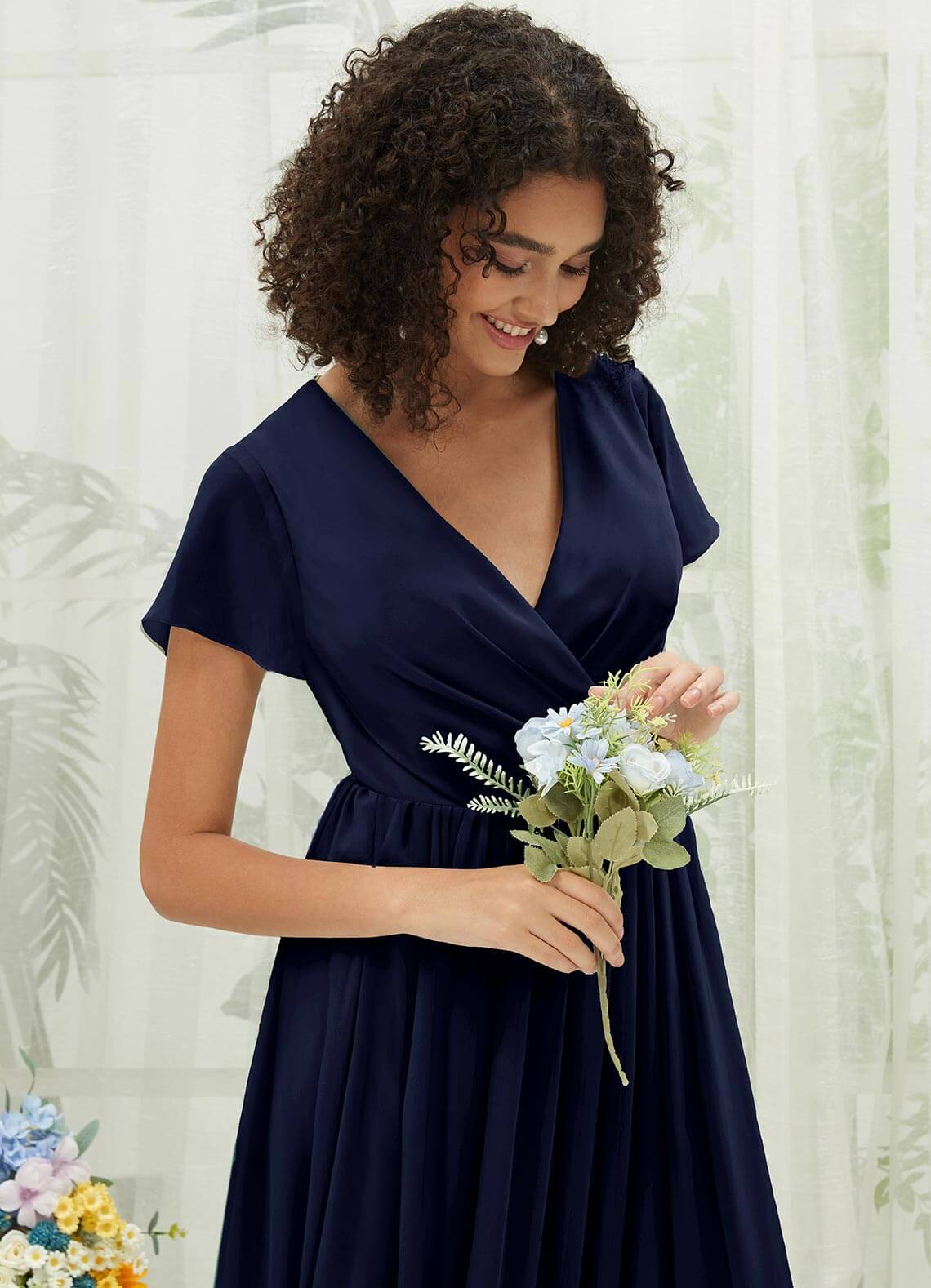 Elegant Dark Navy Chiffon Short Sleeve V-Neck Wrap Pleated Bridesmaid Dress - Perfect for Weddings, Formal Events & Special Occasions