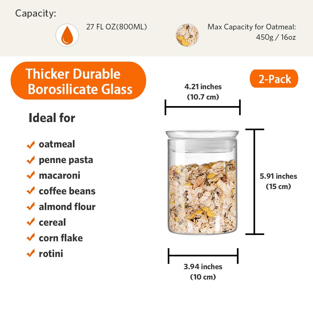 ZENS 27oz Glass Jars with Airtight Lids (Set of 2) - Clear Kitchen Storage Containers for Coffee, Brown Sugar & Pantry Organization | Perfect for Home, Office & Coffee Shops