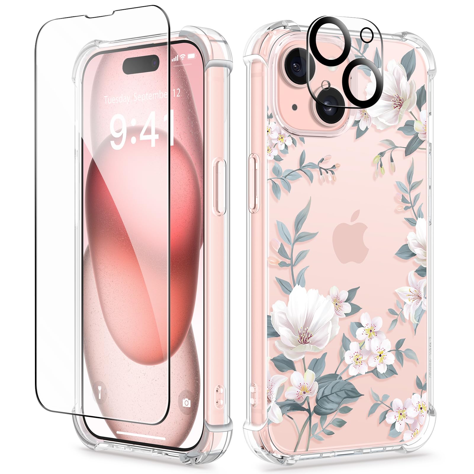 GVIEWIN iPhone 15 Case [3 in 1] with Tempered Glass Screen Protector & Camera Lens Cover - Shockproof Clear Slim Floral Phone Case for Women Girls (6.1 Inch, Magnolia White) - Perfect for Everyday Use, Travel & Gift Giving