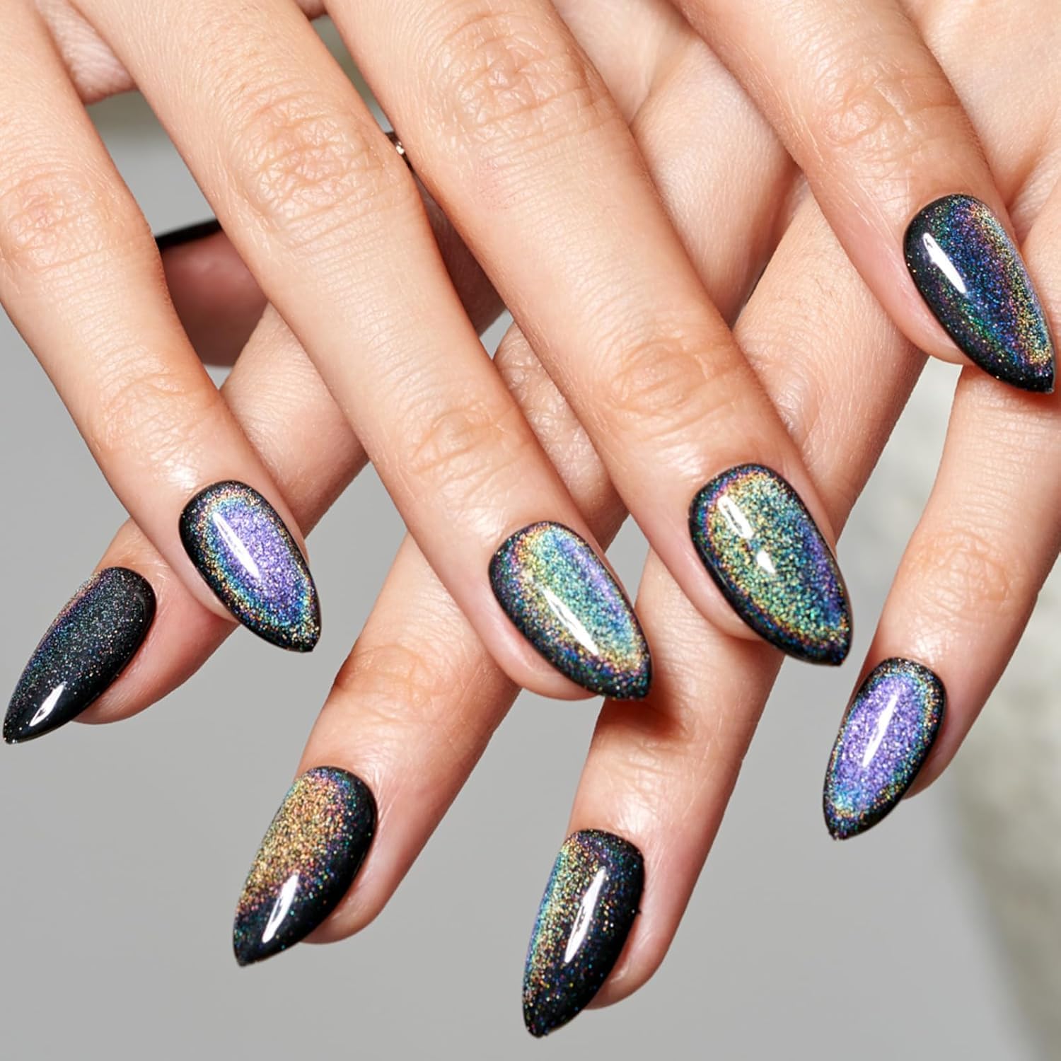 GLAMERMAID Short Almond Press on Nails - 24Pcs Rainbow Black Spring Summer Gel Fake Nails with UV Glossy Finish, Reusable Acrylic Manicure Kit for Women | Perfect for Parties, Weddings & Everyday Glam