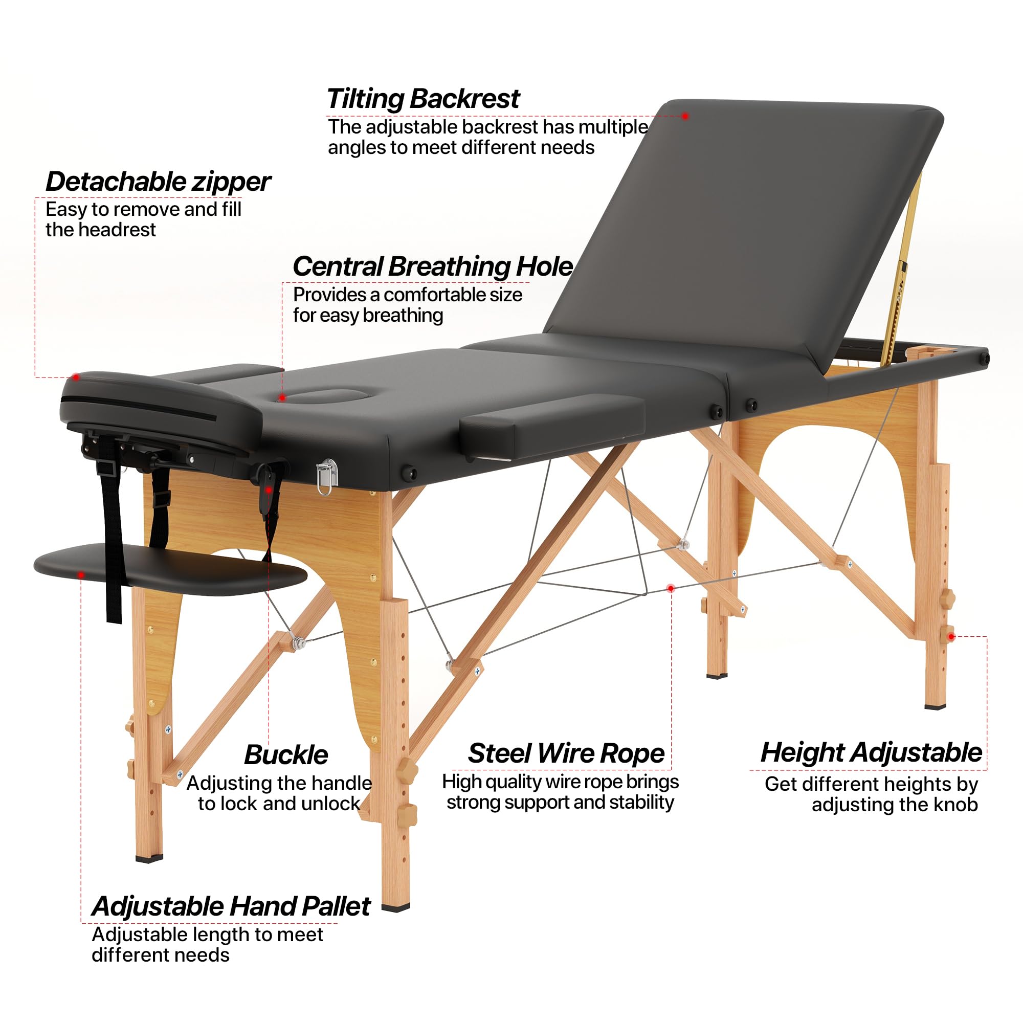 Portable 3-Section Foldable Massage Table - Adjustable Height Tattoo & Lash Spa Bed with Face Cradle - Lightweight Wood Frame Salon Bed for Home & Professional Use - Perfect for Massage Therapists, Tattoo Artists & Beauty Salons (Black)