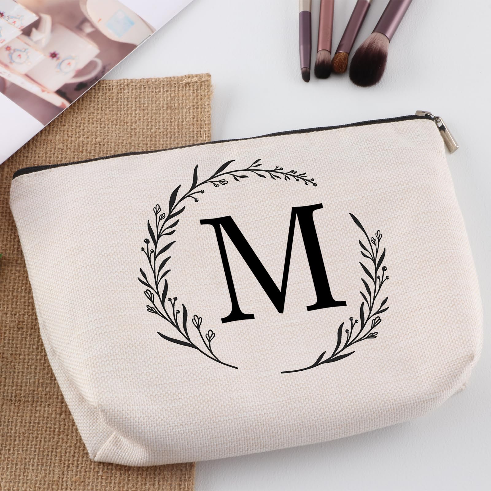 Personalized Monogrammed Travel Makeup Bag with M Initial - Cosmetic Organizer for Women, Mom, Best Friend, Bride & Bridesmaid - Perfect Birthday Gift for Travel, Wedding & Everyday Use