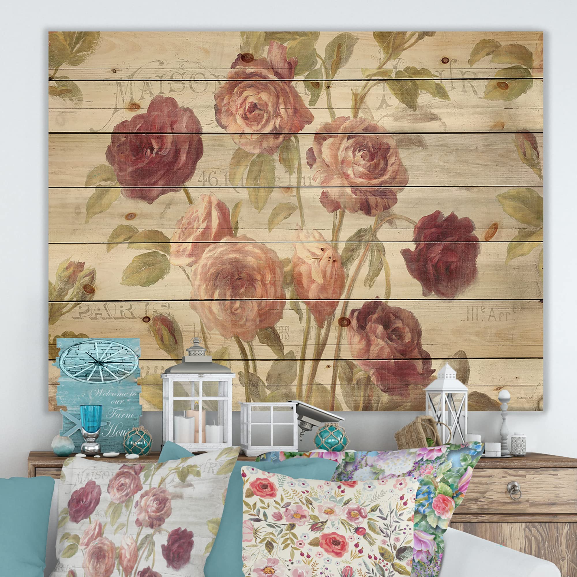 DesignQ French Roses Farmhouse Wood Wall Decor - Pink Floral Wood Wall Art, Large Printed Pine Wood Panels for Living Room, Bedroom & Home Decor