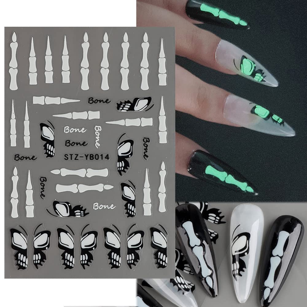 Glow in The Dark Halloween Nail Art Stickers - 3D Self-Adhesive Nail Decals for Halloween Party, Candlelight Events & Costume Makeup (6 Sheets) - Spooky Butterfly & Joint Designs for Nail Decorations
