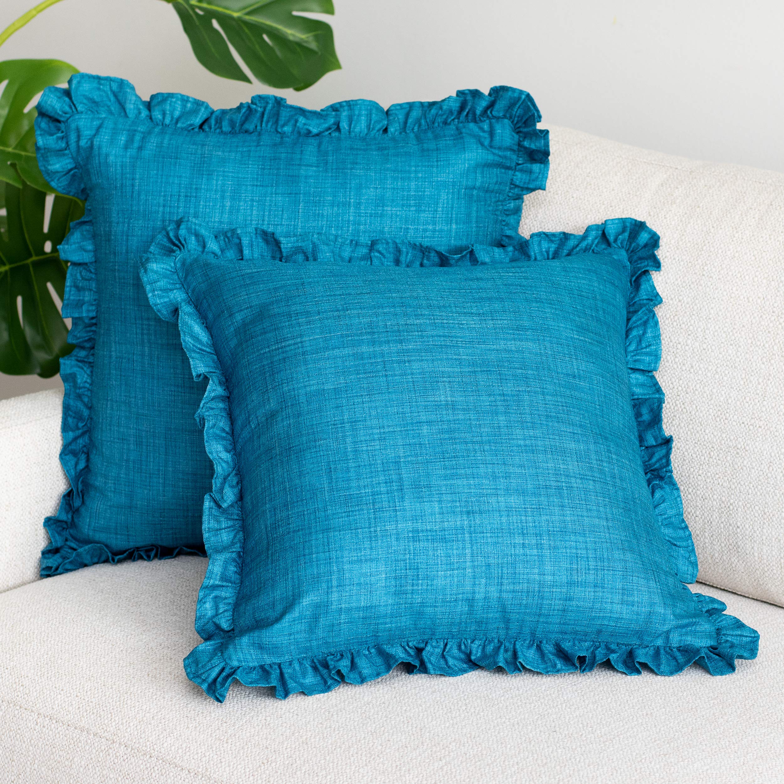 Turquoise Floral Frill Polyester Decorative Pillow Covers - Washable Sofa Couch Bed Pillowcases - Set of 2 (16x16 Inches) for Living Room, Bedroom & Home Decor