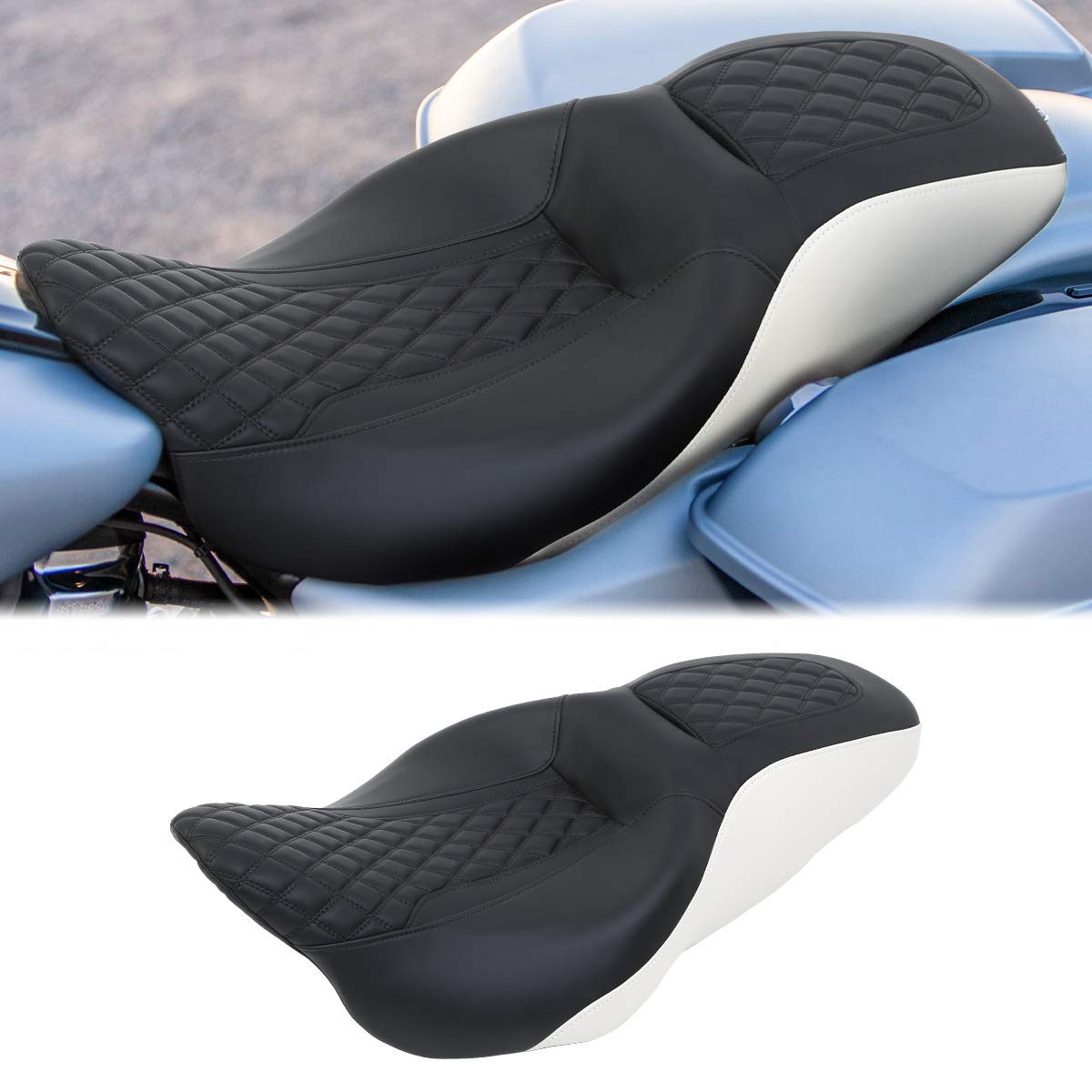 Premium Black Motorcycle One-Piece Two Up Rider & Passenger Seat for Harley Touring Road King Electra Street Glide CVO Tri-Glide 2009-2023 (Style 5) - Comfortable Long Distance Riding & Cruising Accessory