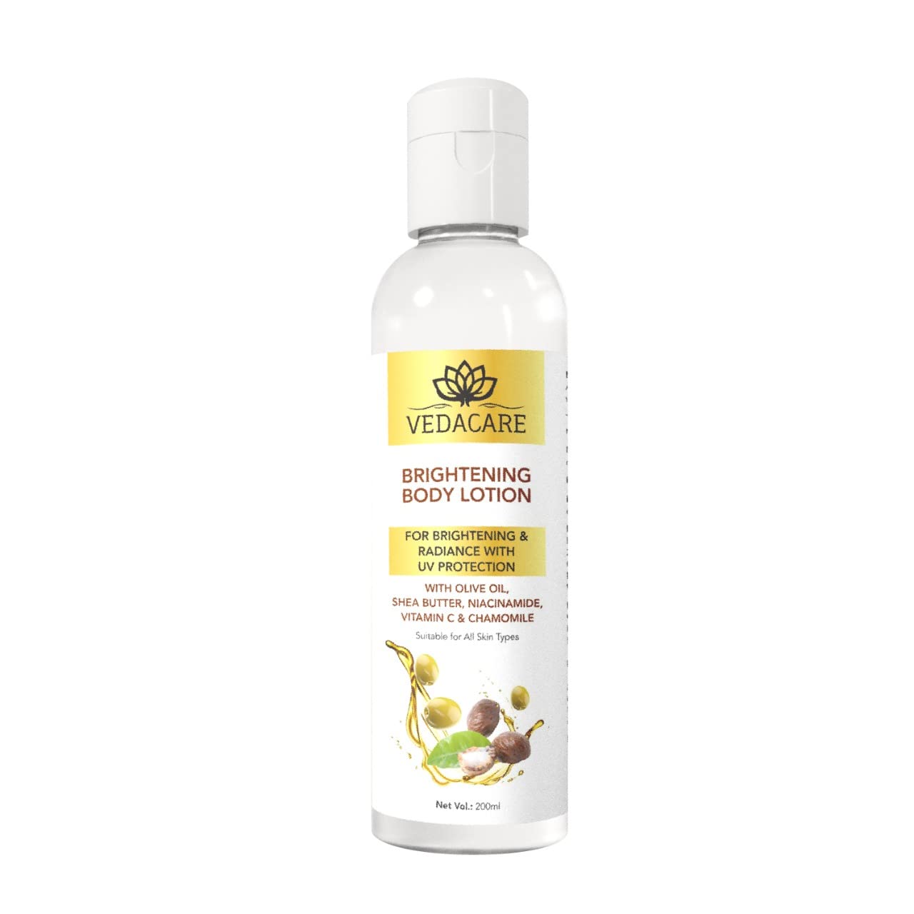 Vedacare Brightening Body Lotion 200ml with Niacinamide, Olive Oil, Shea Butter & Vitamin C - Skin Lightening, Moisturizing & Sun Protection for Hyperpigmentation - Perfect for Daily Use, After Sun Care & Evening Skincare Routine