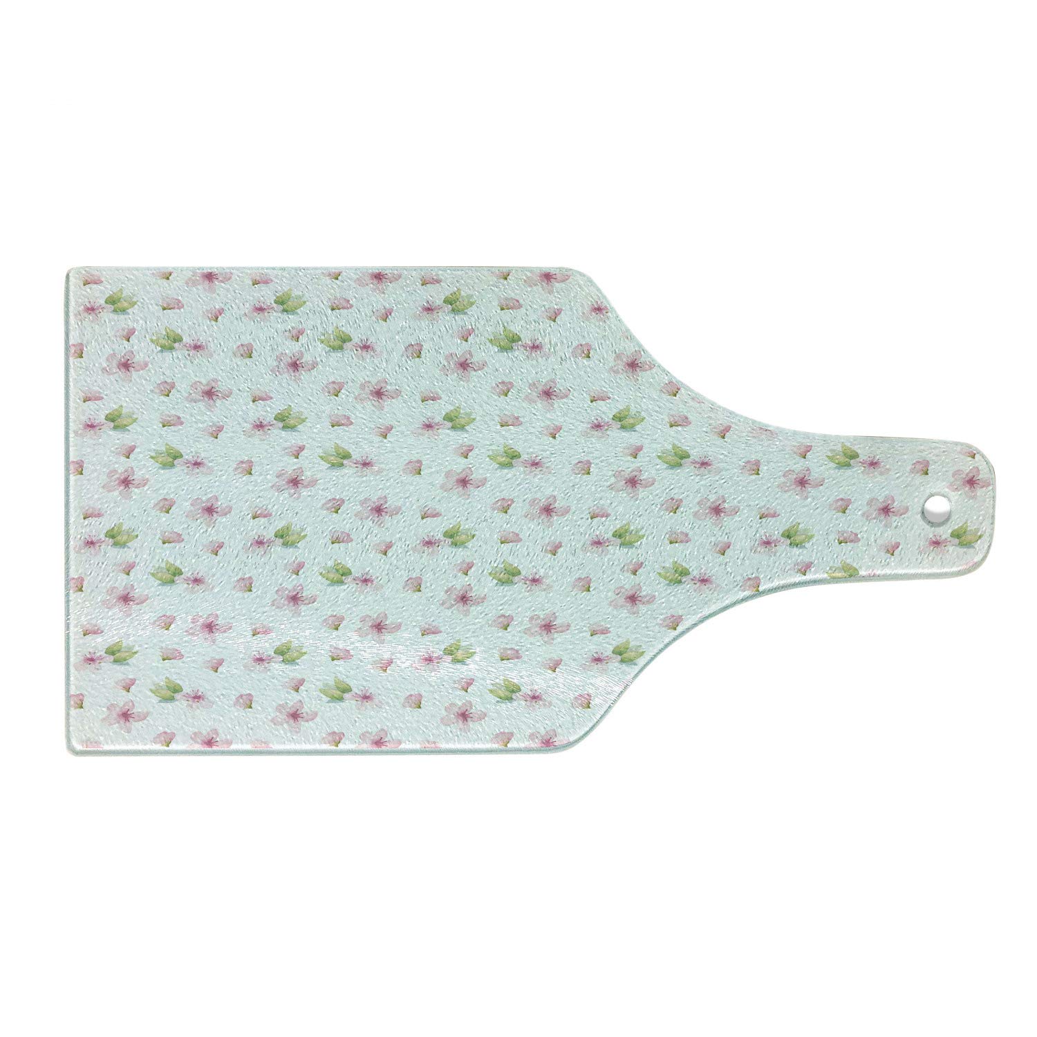 Ambesonne Cherry Blossom Tempered Glass Cutting Board - Wine Bottle Shape, Pale Pink Green White - Decorative Serving Board for Kitchen & Dining - Perfect for Charcuterie, Cheese Display & Party Entertaining