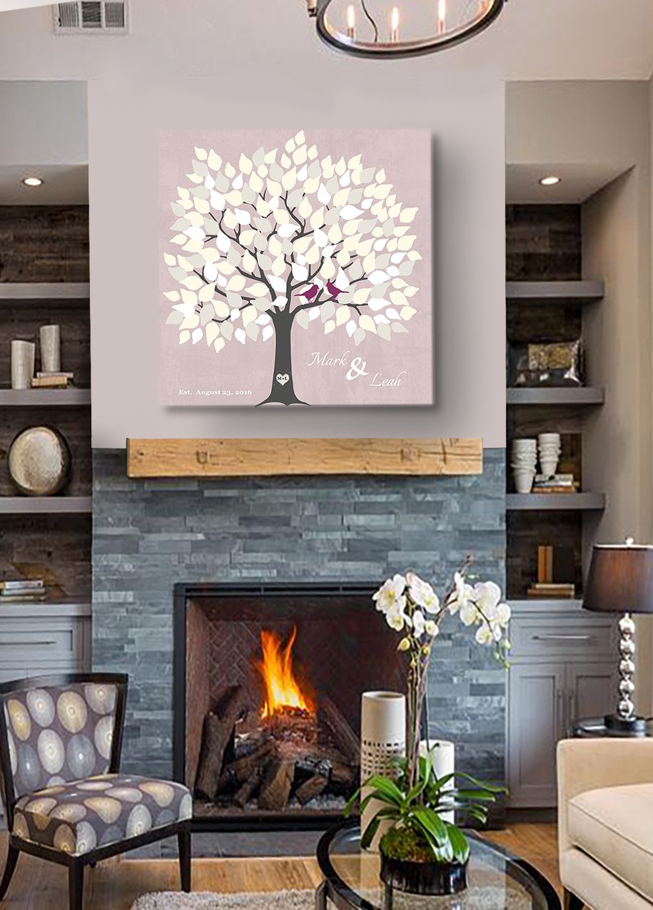 Personalized Wedding Tree Guest Book - Unique Bridal Shower Gift for 100-150 Signatures | Pink Canvas Wall Art Decor 24x24 | Alternative Guest Book Idea for Wedding Reception & Anniversary Gifts