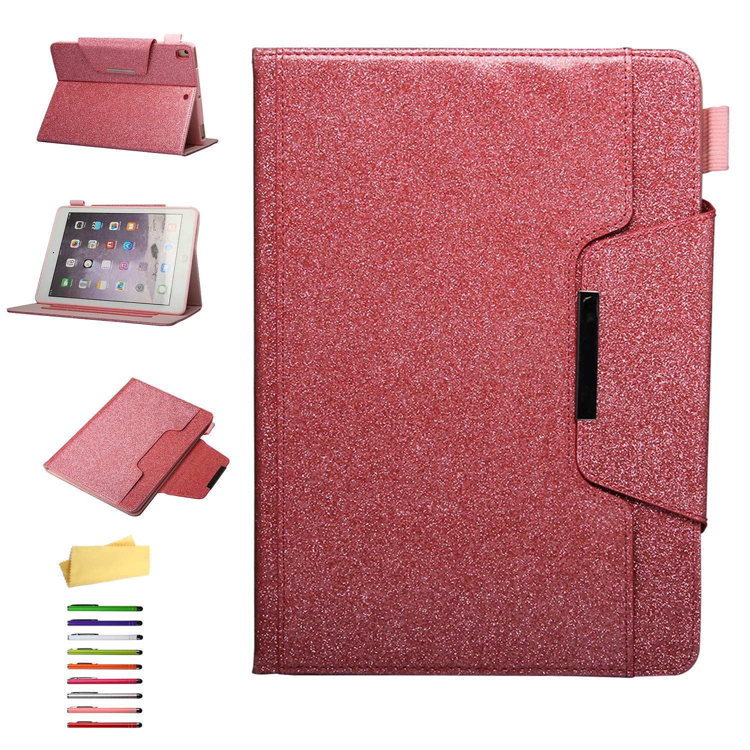 UUCovers Bling Glitter Smart Folio Stand Case for iPad 9.7 Inch (2018/2017, 6th/5th Gen, Air/Air 2) - PU Leather Cover with Card Slot & Apple Pencil Holder | Auto Wake/Sleep | Pink | Perfect for Work, School & Travel