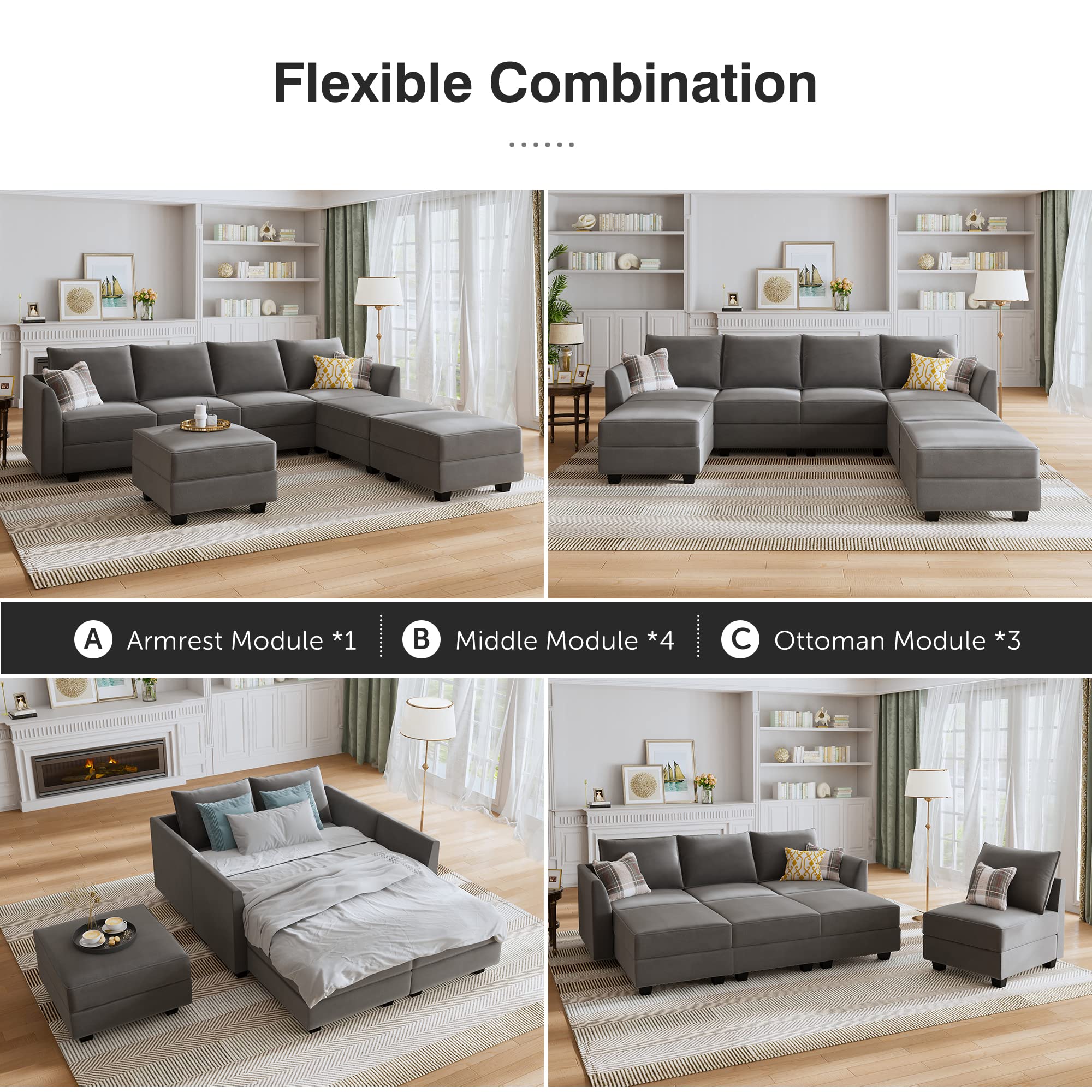 HONBAY Modular Ottoman for Sectional Sofa - Velvet Grey Storage Ottoman Bench with Removable Cushion | Living Room Furniture, Small Space Storage Solution for Home & Apartment
