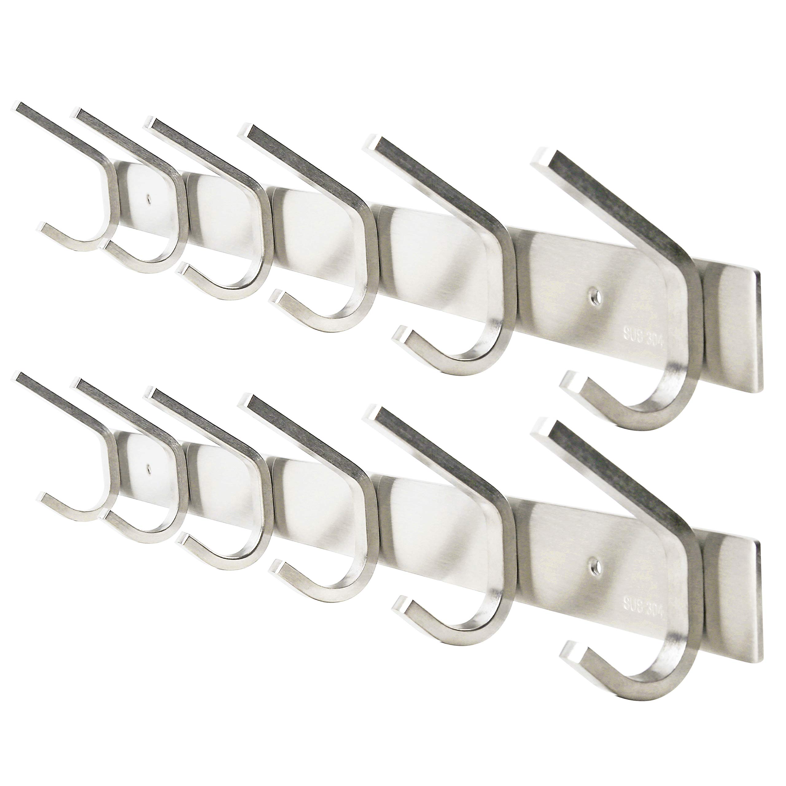2-Pack Heavy Duty Stainless Steel 304 Hook Rail Coat Rack - Satin Finish Wall Mounted Organizer for Bedroom, Bathroom, Entryway & Hallway - Perfect for Hanging Coats, Hats, Bags & Accessories in Home, Office or Dorm Room