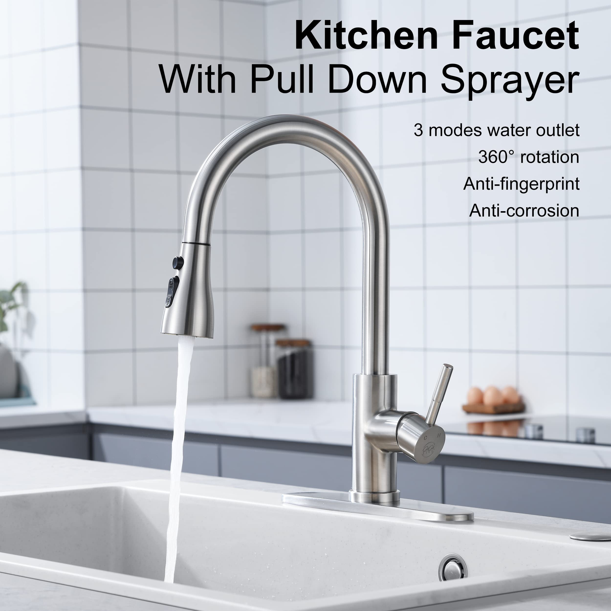 High Arc Stainless Steel Pull Down Kitchen Faucet with High Pressure Sprayer - Brushed Nickel Single Handle Modern Sink Faucet for 1 or 3 Hole Installation | Perfect for Home Kitchen, Restaurant & Commercial Use