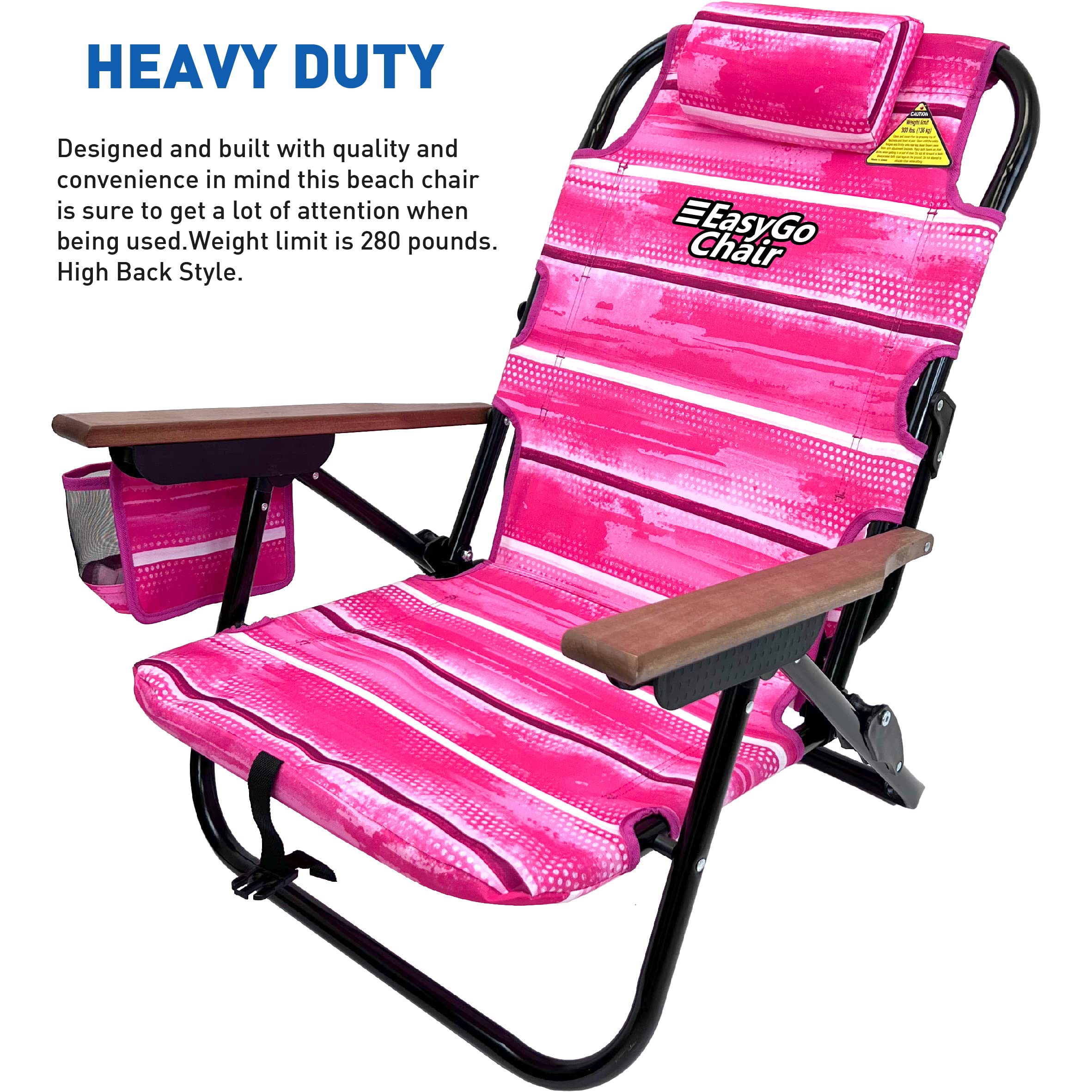 5-Position Adjustable Beach Chair with Cup Holder & Storage Pouch - Lightweight Rustproof Aluminum Frame & Padded Pillow - Perfect for Beach, Camping, Backyard & Outdoor Relaxation (2 Pack, Pink Stripes)