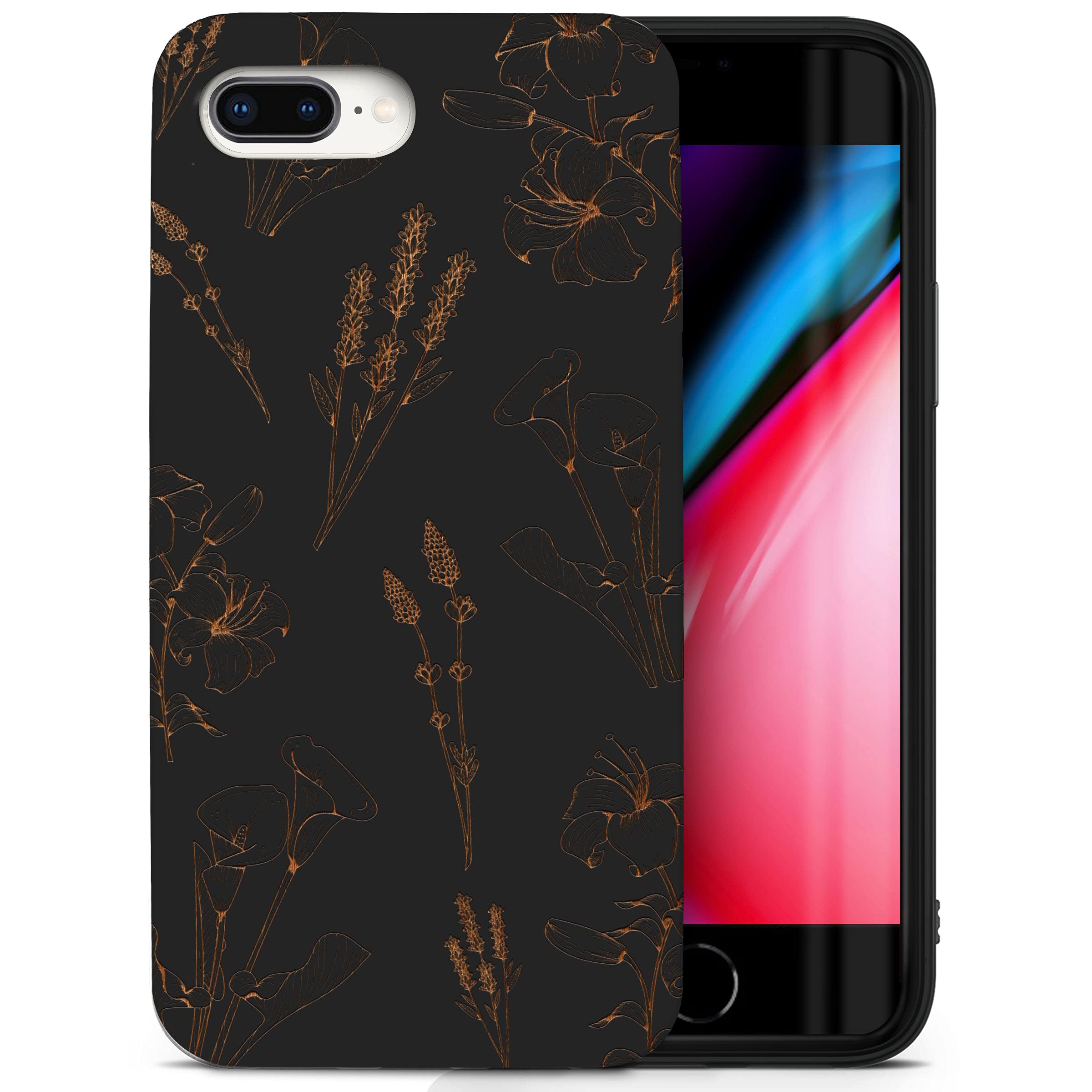 Wooden iPhone 8 Plus Case with Laser Engraved Floral X Design - Shockproof Slim Fit Protective Cover for Men & Women - Perfect for Outdoor Adventures, Office Use & Daily Protection