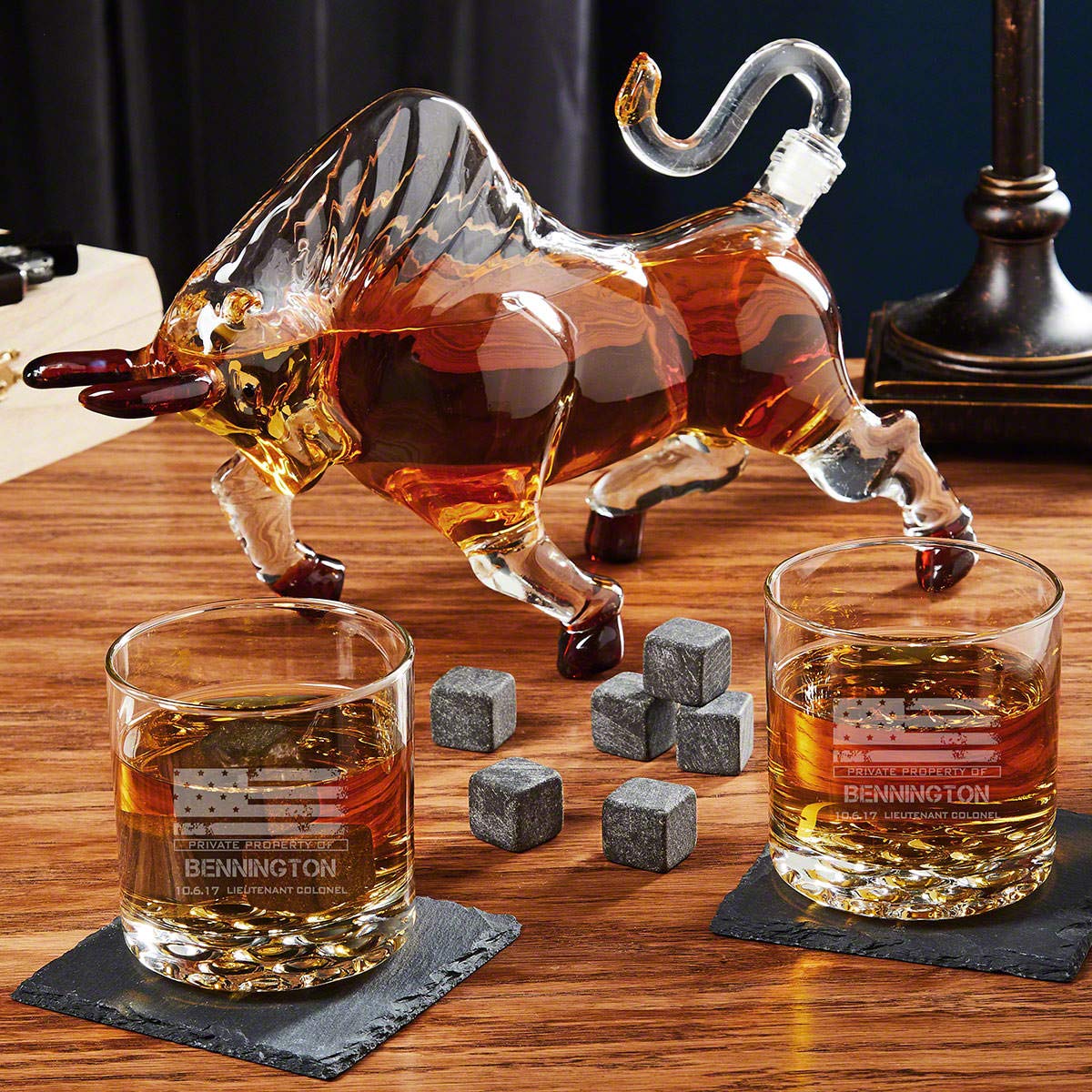 Custom El Matador Bull Decanter Set with Engraved Whiskey Glasses - Personalized American Heroes Whiskey Decanter Gift for Men - Perfect for Bourbon Lovers, Home Bar Decor & Cowboy Themed Parties