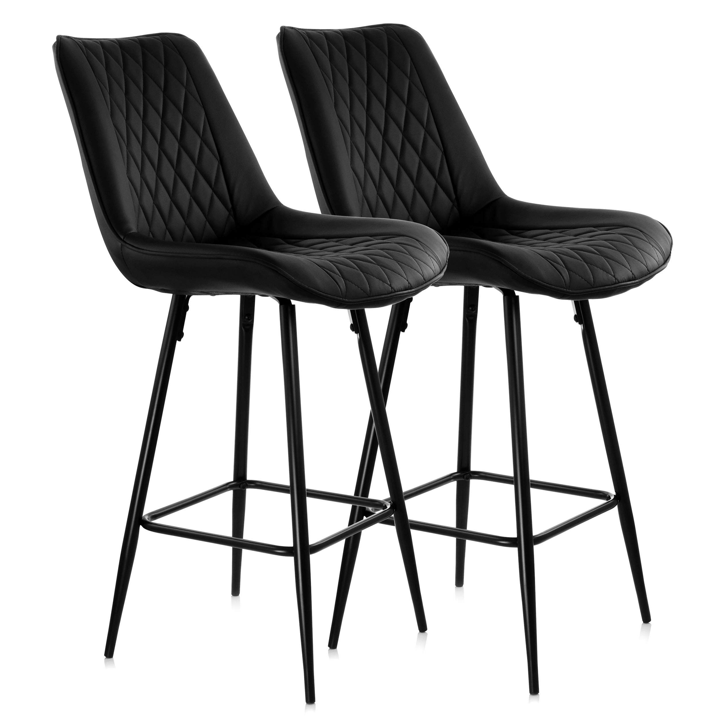 Elama Diamond Stitch Faux Leather Bar Stools, Set of 2, Black - Modern Counter Height Dining Chairs for Kitchen Island, Breakfast Nook, or Home Bar Decor