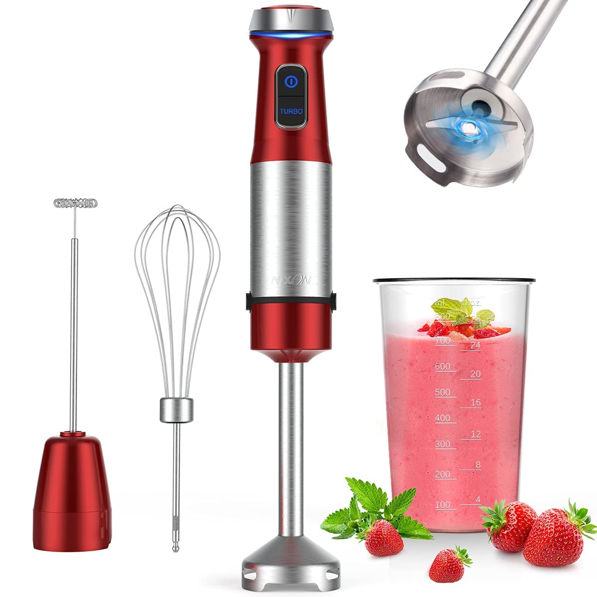 500W Immersion Hand Blender - 4-in-1 Smart Stick Blender with Stepless Speed Control, 800ml Mixing Beaker, Milk Frother & Egg Whisk | Perfect for Smoothies, Baby Food Puree, Sauces, Soups & Kitchen Prep | Red