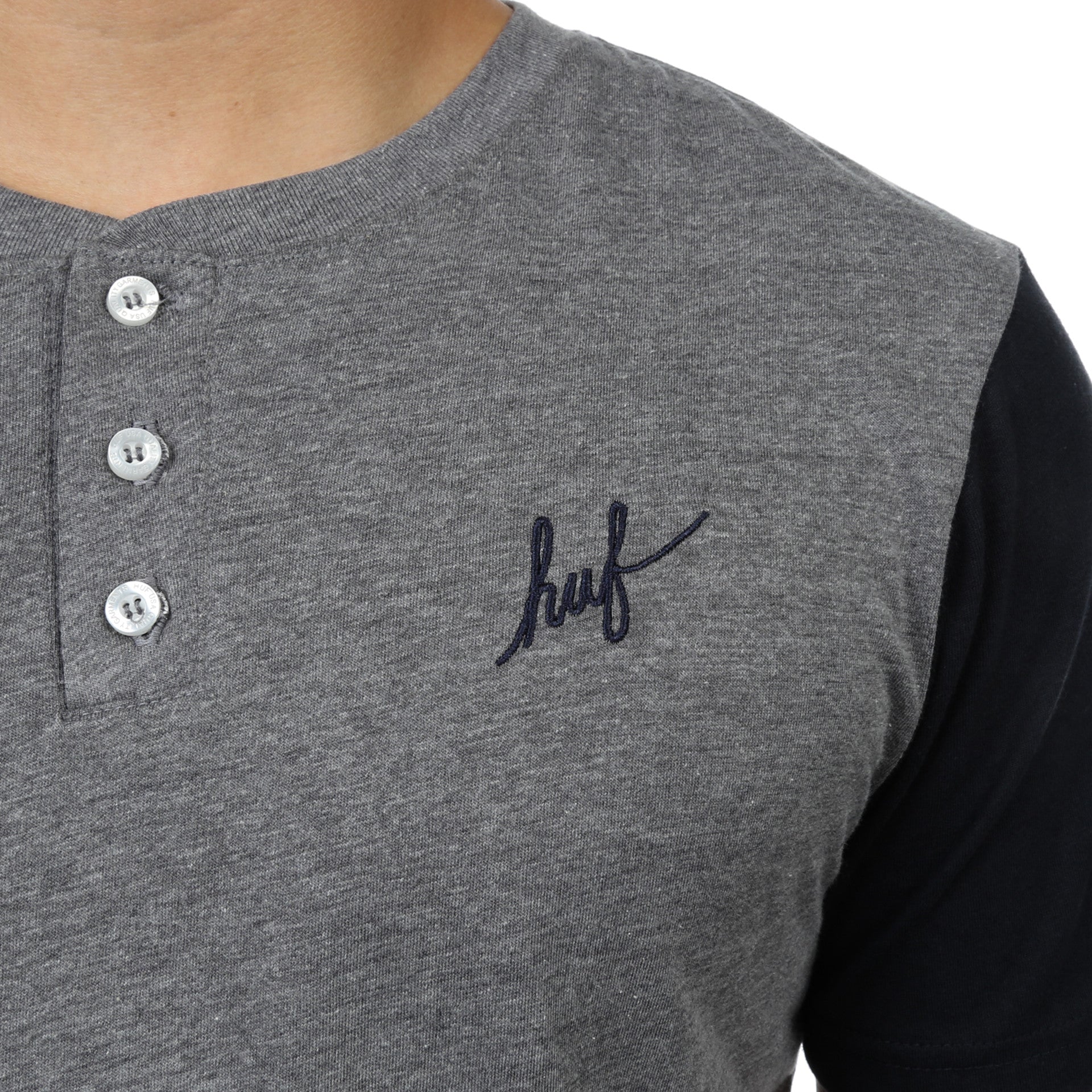 Huf Script Henley T-Shirt for Men - Heather Gray & Navy Striped Casual Shirt - Perfect for Streetwear, Skateboarding, and Everyday Comfort