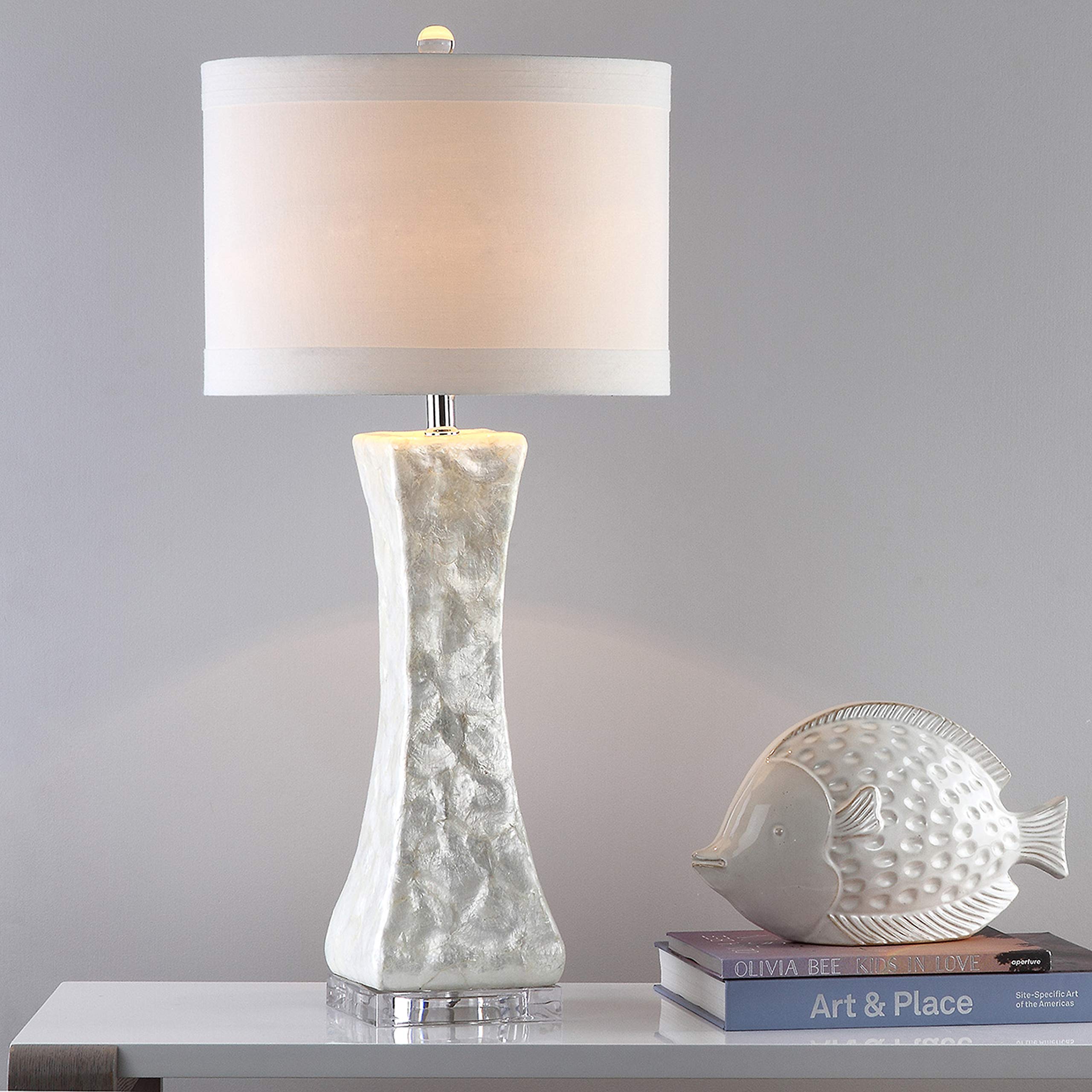 SAFAVIEH Shelley 31-inch Coastal White Capiz Shell Table Lamp with LED Bulbs - Concave Design for Bedroom, Living Room, Home Office & Nightstand | Coastal Decor, Reading Light, Accent Lighting