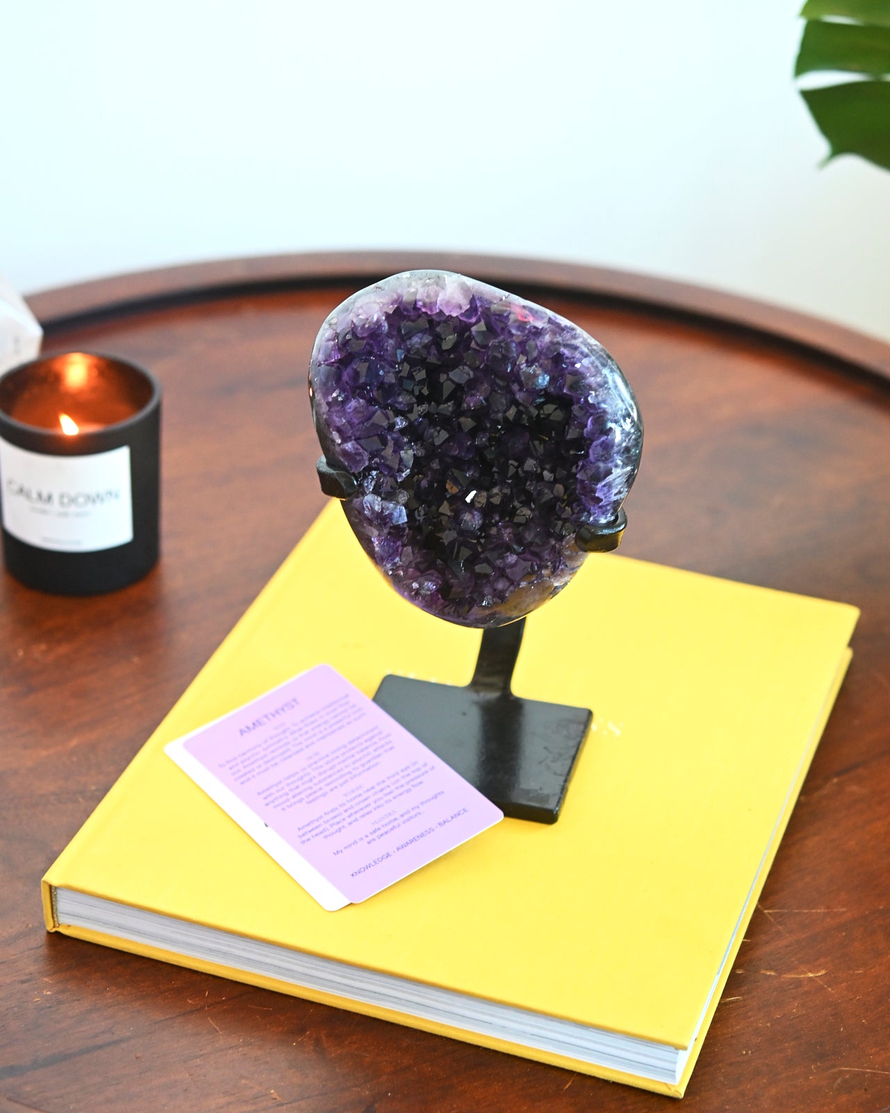 Natural Amethyst Crystal Geode on Wooden Stand - 3.8lbs Raw Purple Quartz Cluster - Home Decor, Meditation & Healing Crystal for Office Desk, Living Room, Gift Idea