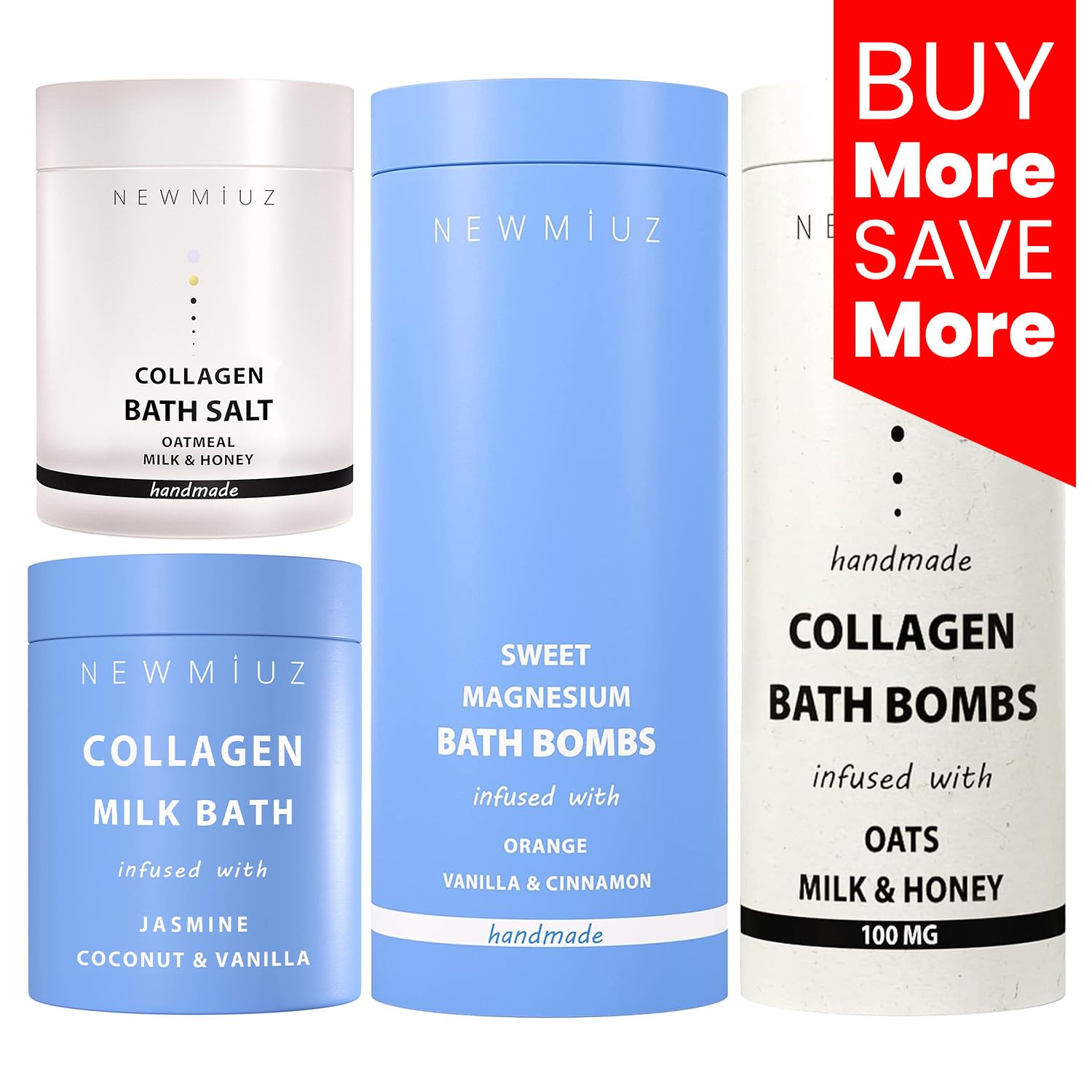 Luxury Creamy Collagen & Magnesium Epsom Salt Bath Gift Set - 4 Pack Milk Bath, Bath Salt & Bath Bombs for Relaxation, Skin Hydration & Muscle Relief | Perfect Spa Night, Self-Care Gift & Stress Relief