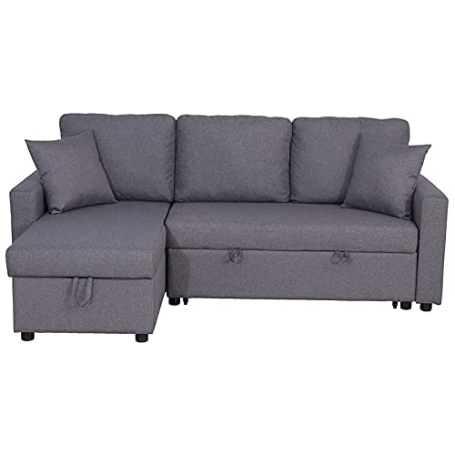 Kingway Furniture Hemus Linen Blend Reversible Sectional Sleeper Sofa with Pillows in Gray - Modern Convertible Couch for Living Room, Guest Room & Small Spaces
