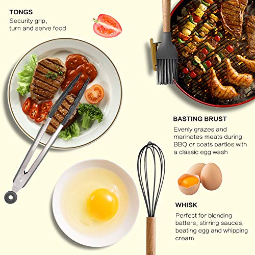 MIBOTE 17-Piece Silicone Kitchen Utensil Set with Wooden Handles & Holder - Nonstick Spatula, Turner, Tongs, Spoon - Safe for Nonstick Cookware (Grey) | Perfect for Baking, Frying, Cooking & Everyday Kitchen Use