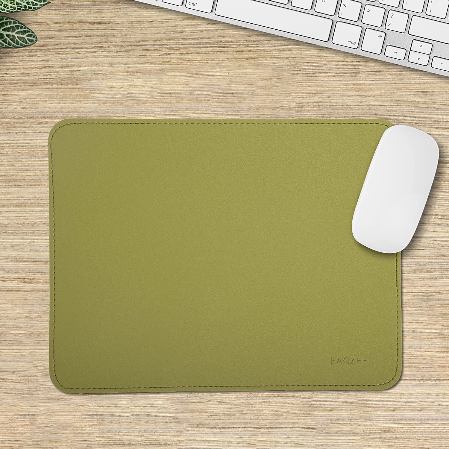 Premium Leather & Wood Double-Sided Mouse Pad with Stitched Edges - Non-Slip Desk Mat for Laptop, Office & Home Use - Includes Coaster - 8x11 Inch (Olive Green) - Perfect for Workstations, Gaming Setups & Ergonomic Workspaces