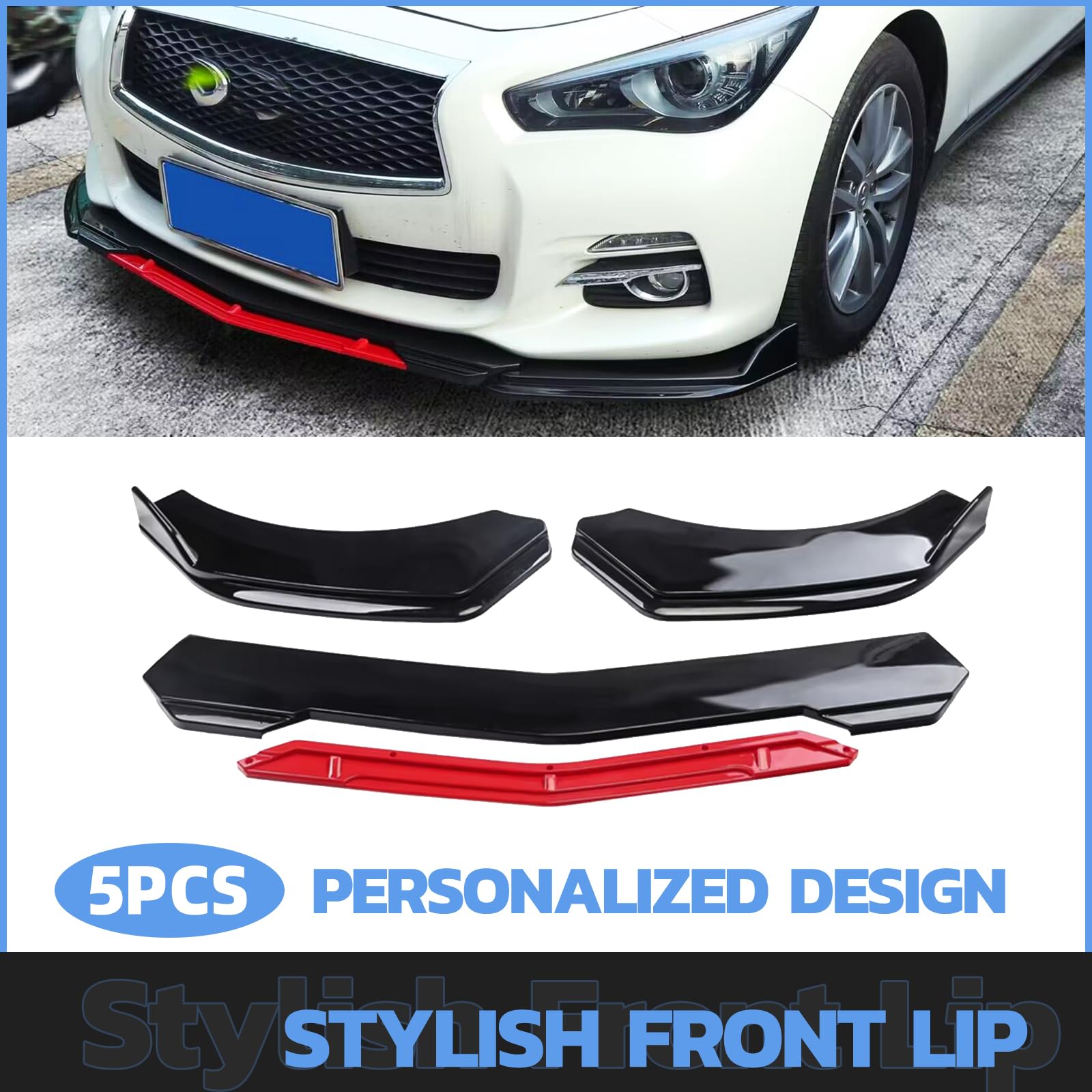 Universal Front Bumper Lip for Cars - Glossy Black ABS Adjustable Front Splitter with Red Accent - Vehicle Bumper Protector & Style Enhancer for Sedans, Coupes & Sports Cars - Perfect for Racing, Car Shows & Street Style Upgrades