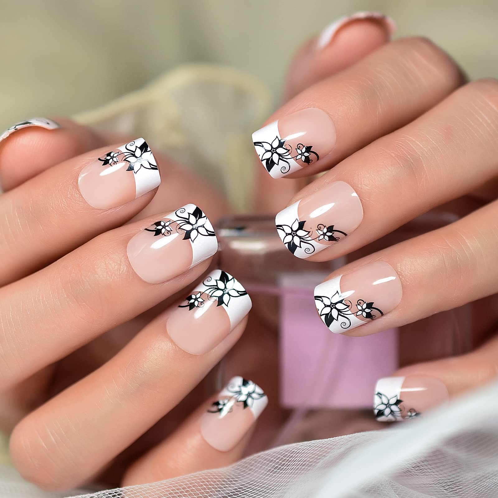 24pcs French Lily Flower Press on Nails - Soft Gel Glossy Natural Nude Fake Nails for Women, Reusable Stick on Acrylic Nails with Glue Kit | Perfect for Weddings, Parties & Everyday Wear