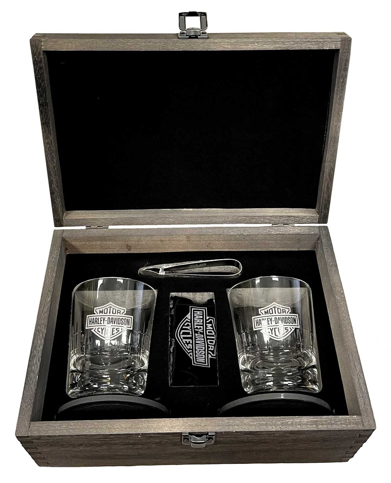 Harley-Davidson Premium Whiskey Glass Set with Bar & Shield Logo - Engraved Wooden Gift Box for Men, Bourbon & Scotch Drinking Enthusiasts - Perfect for Father's Day, Birthday & Anniversary Gifts