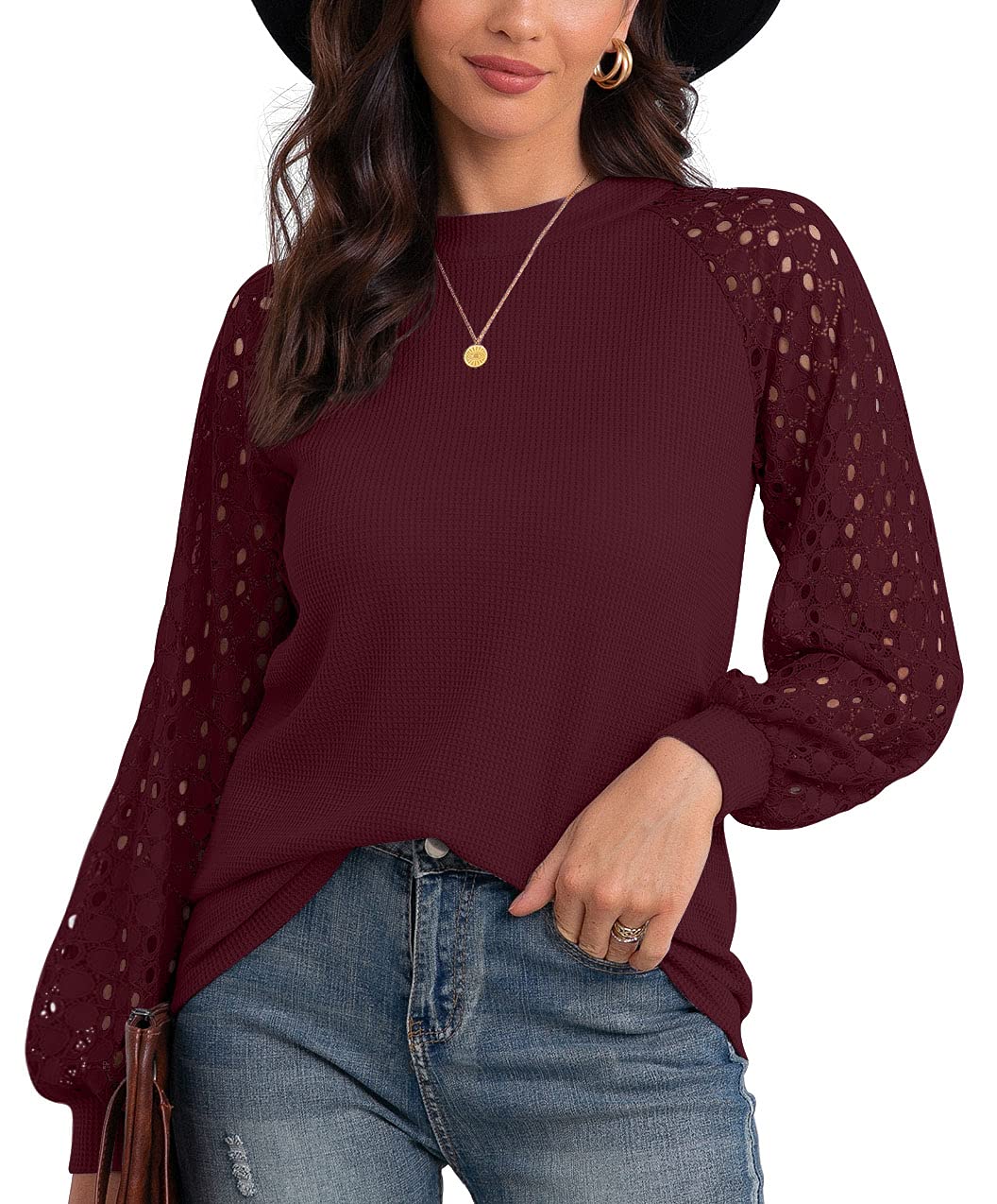 IWOLLENCE Women's Waffle Knit Blouse - Puff Sleeve Lace Tops for Casual Wear, Loose Fit T-Shirt (Long & Short Sleeve Options) | Perfect for Office, Date Night & Everyday Outfits