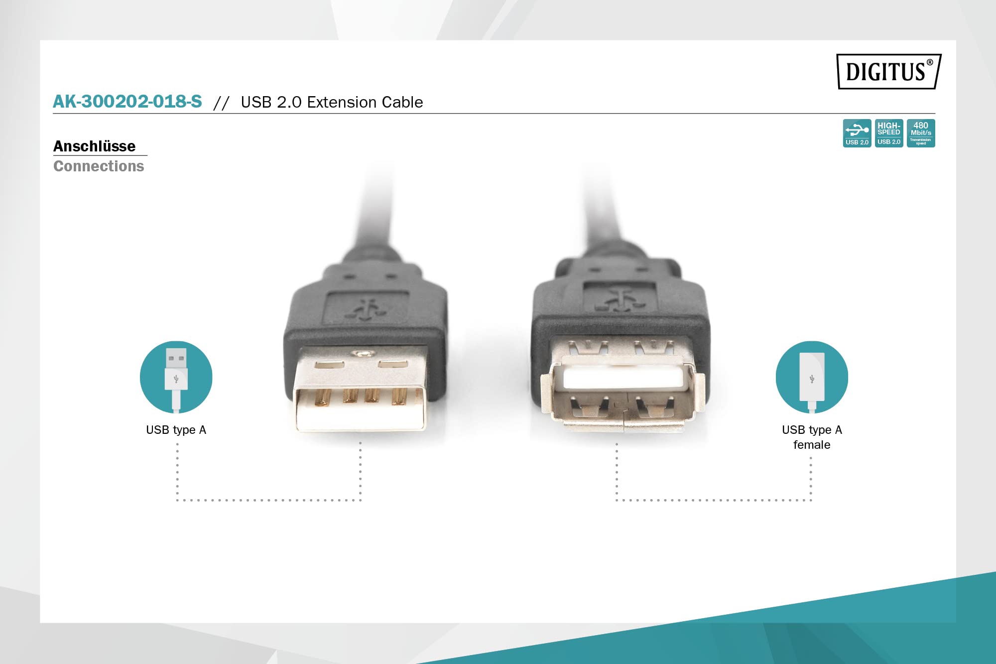 DIGITUS USB 2.0 Extension Cable - 1.8m (6ft) Male to Female High-Speed 480Mbps Data Transfer - Black USB Connection Cable for PC, Laptop, Printer & Home Office Use