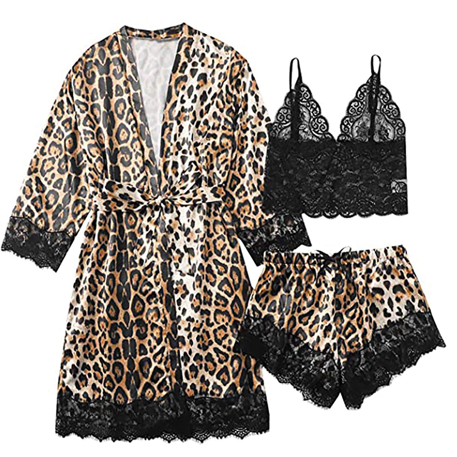 **CofeeMO Plus Size Women's Lingerie Set - Leopard Print Sleepwear, Lounge Robe & Cami Pajamas for Comfort & Style | Perfect for Sleepwear, Lounging & Romantic Nights**