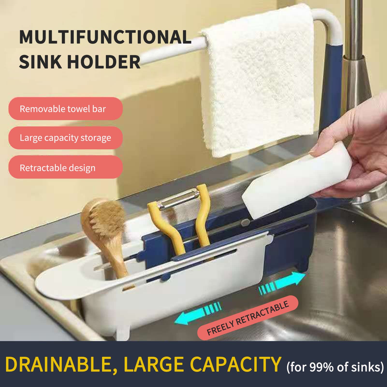 Stainless Steel Retractable Kitchen Sink Organizer - Expandable Drain Rack, Dish Towel & Sponge Holder for Countertop - Perfect for Small Kitchen Organization & Space Saving