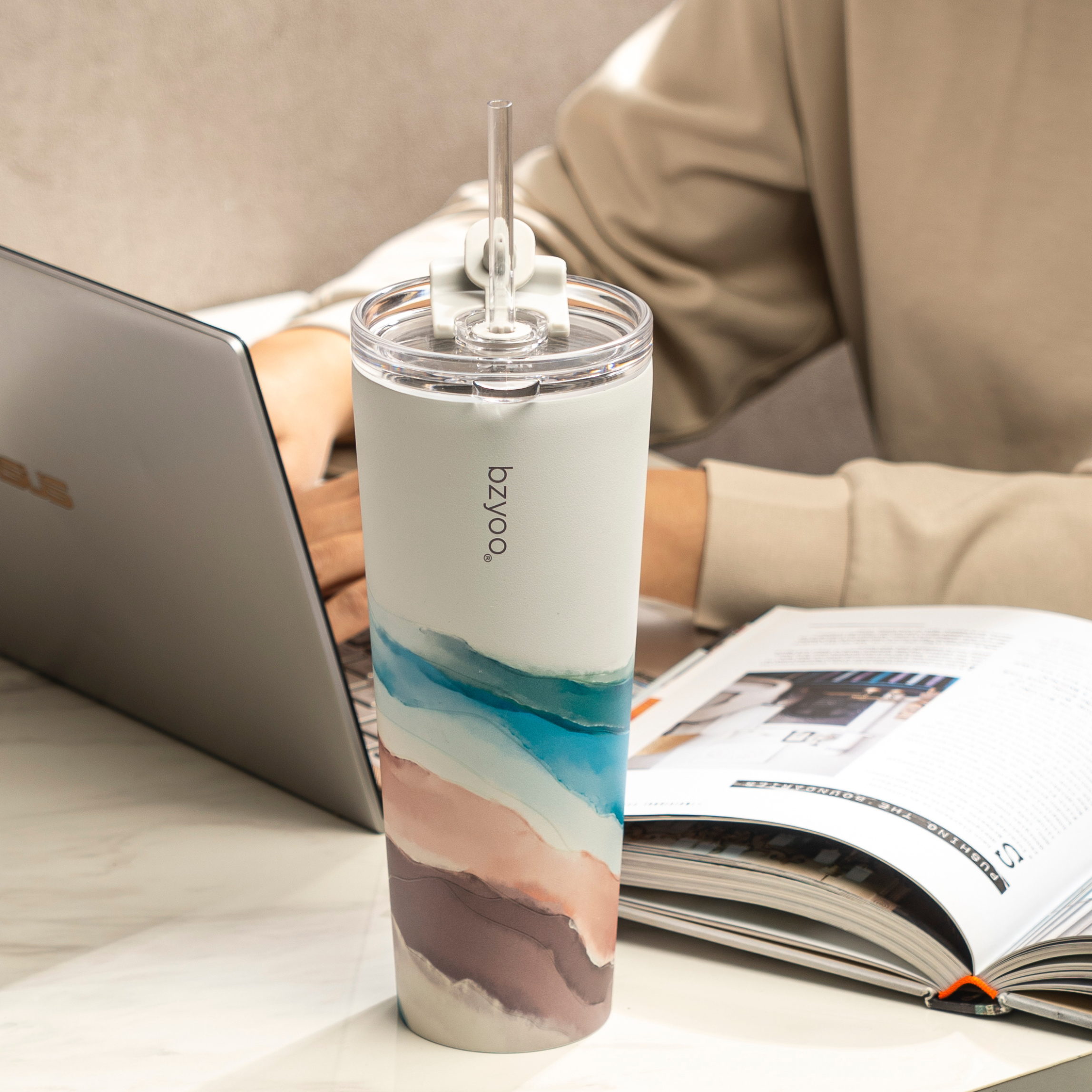 24oz Double Wall Vacuum Insulated Stainless Steel Tumbler with Straw Lid - Ink Landscape Design | Leakproof & Sweatproof | Perfect for Hiking, Camping & Outdoor Activities