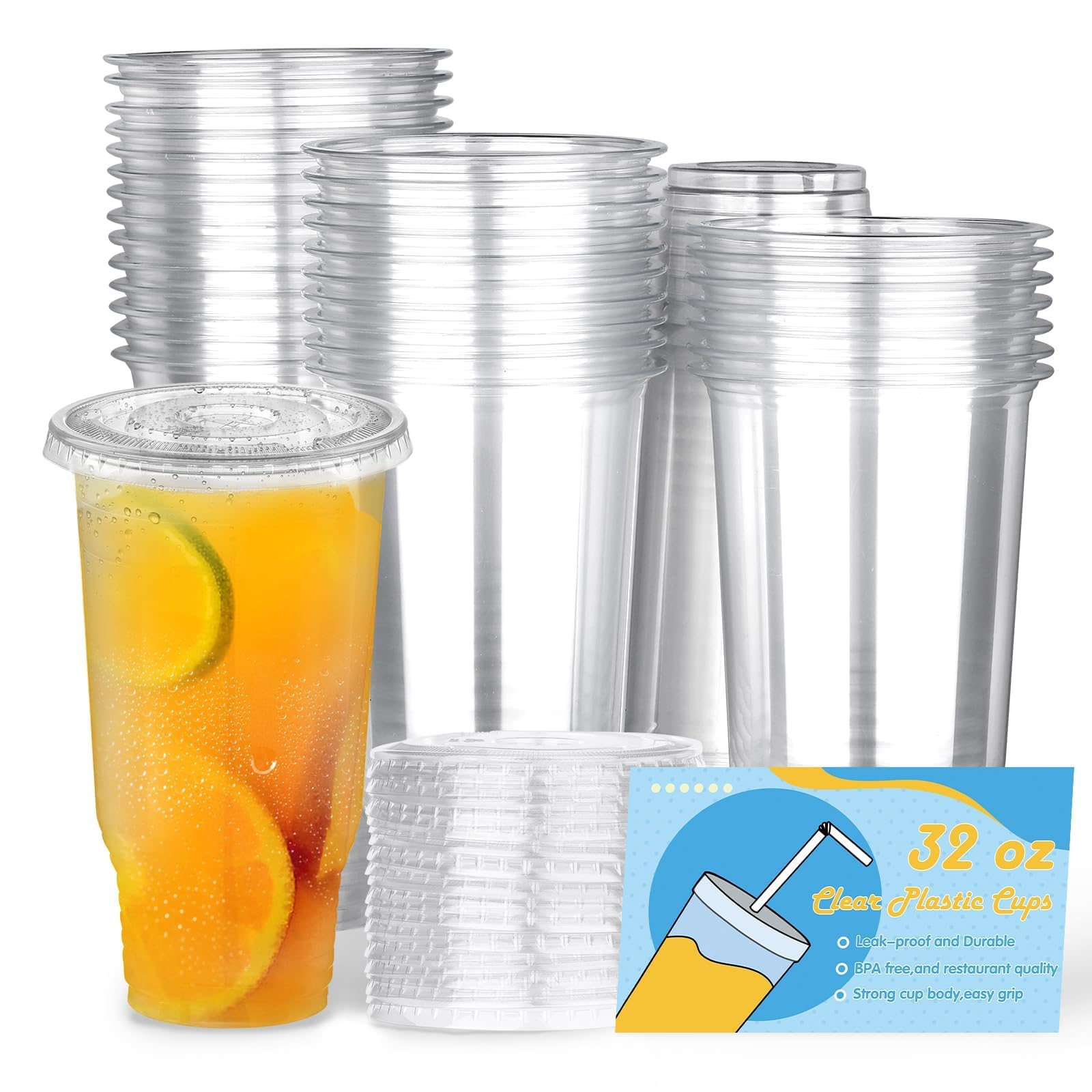 32 oz 50 Pack Clear Plastic Cups with Lids & Straws - Large Disposable Drinking Cups for Smoothies, Iced Coffee, Milkshakes, Cold Beverages - Perfect for Parties, BBQs, Picnics, and Home Use