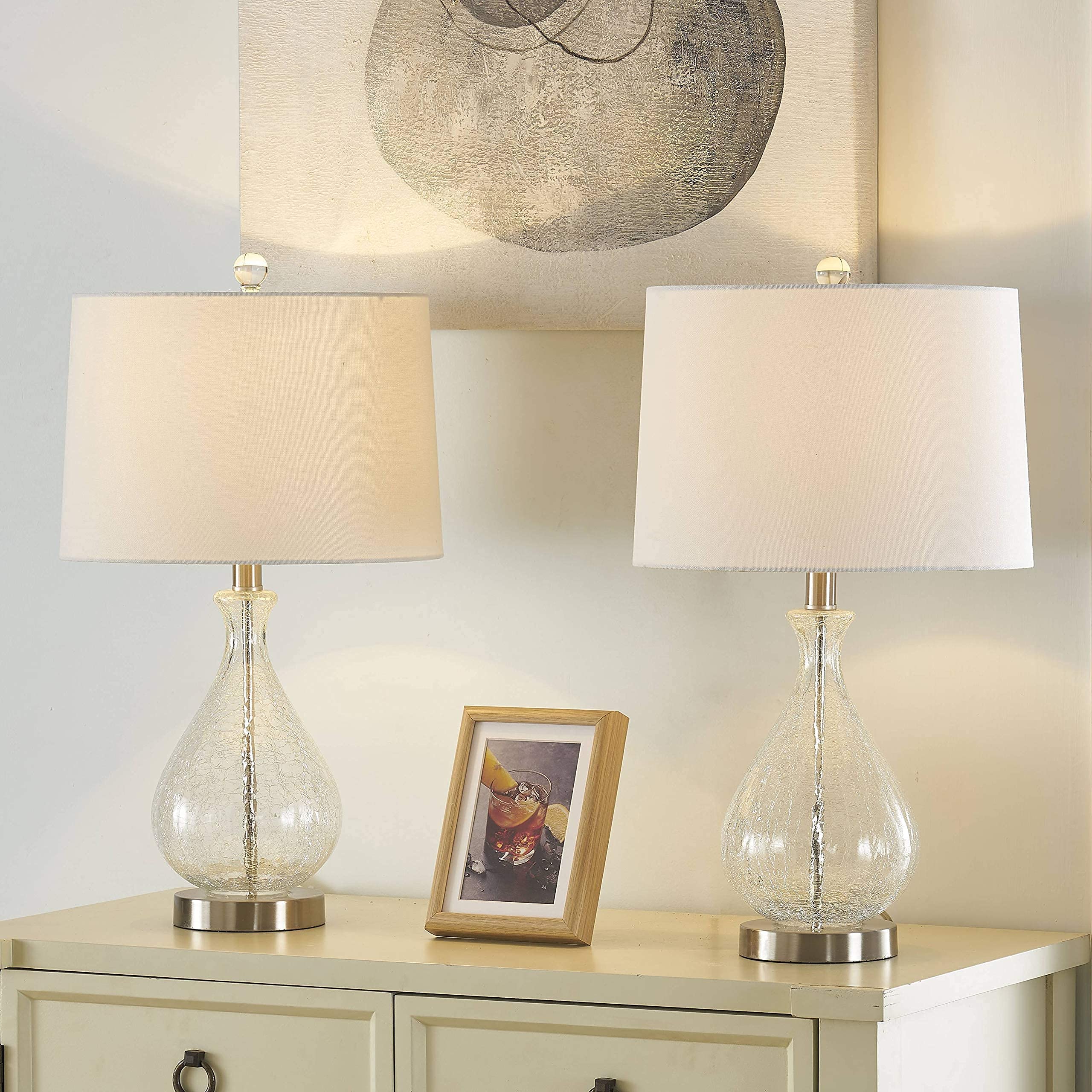 Maxax Set of 2 Clear Cracked Glass Table Lamps with White Fabric Shade - Modern Bedside Lighting for Living Room, Bedroom & Coffee Table - Perfect for Reading, Nightstand Decor & Home Office Ambience