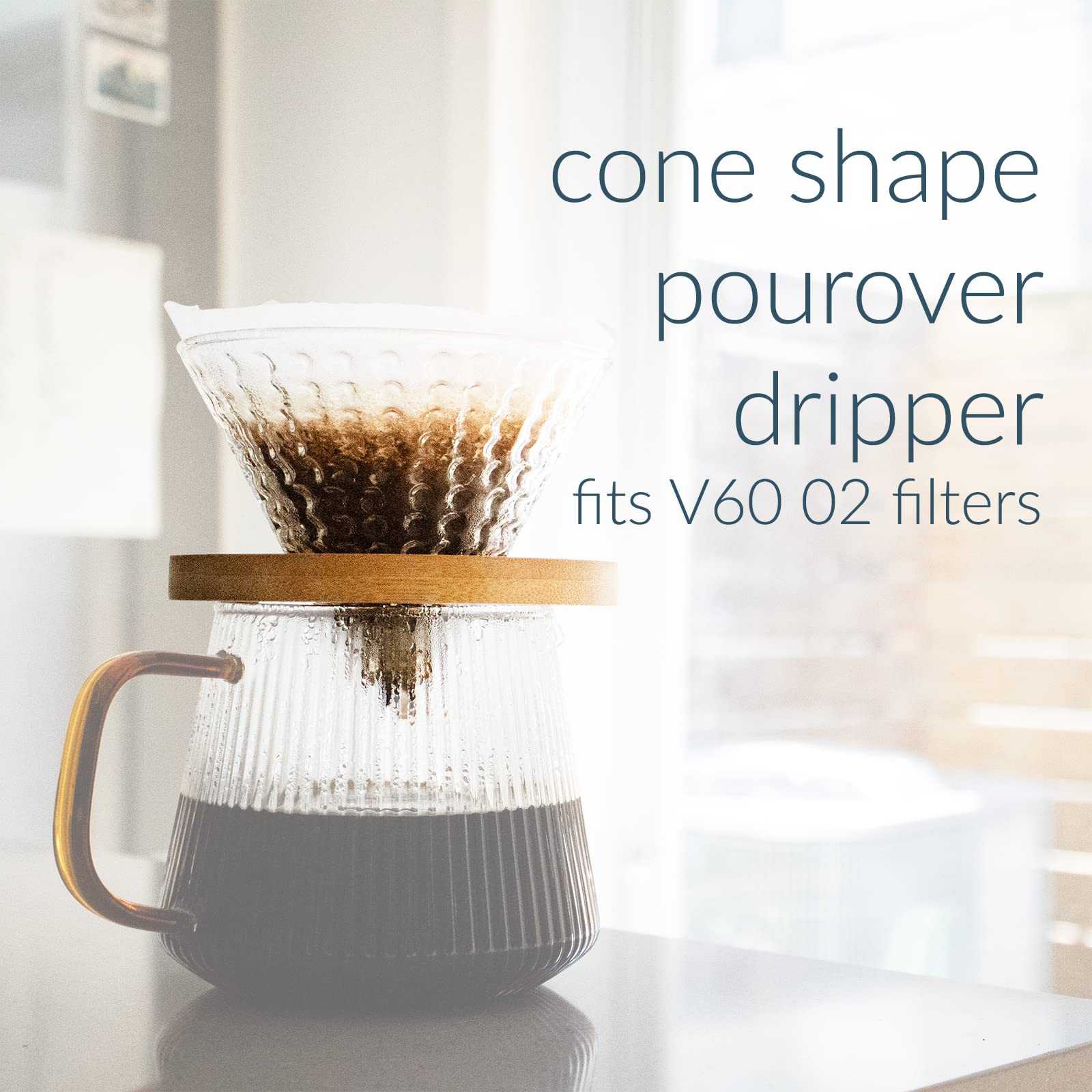 Premium Ceramic Pour Over Coffee Dripper with Bamboo Stand - Borosilicate Glass V60 Dripper & Filter Cup - Compatible with Hario V60 02 Filters - Perfect for Home Brewing, Office Use & Specialty Coffee Enthusiasts