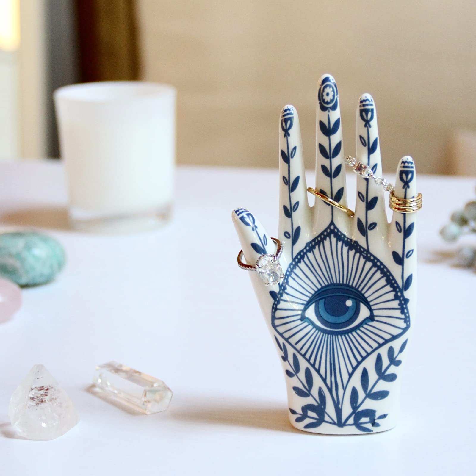Hamsa Hand Ring Holder with Blue Evil Eye - Boho Decor Ring Stand & Organizer for Bathroom, Bedroom, Vanity - Aesthetic Room Decor, Preppy Home Gifts for Women - Perfect for Yoga Studios, Meditation Spaces & Spiritual Decor