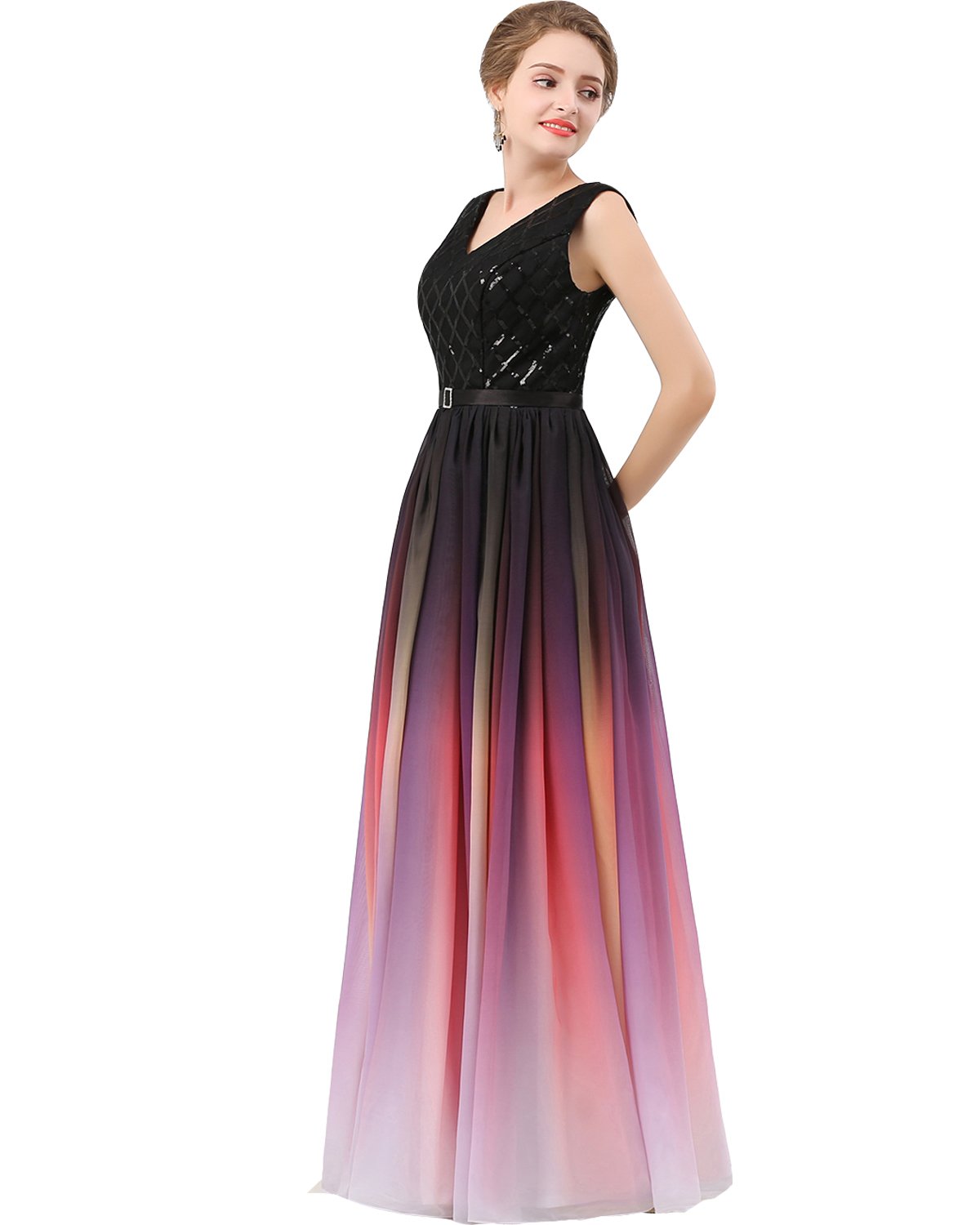 Lemai V-Neck Long Sequined Chiffon A-Line Corset Prom Evening Dress for Women - Elegant Formal Gown for Homecoming, Wedding Guest & Special Occasions