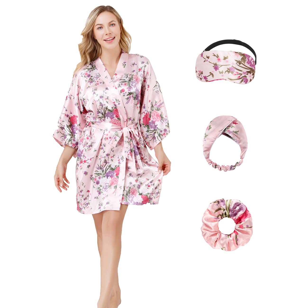 MEYEE Women's Satin Robe - Elegant Bridal & Bridesmaid Wedding Party Robe with Matching Sleep Mask & Hair Scrunchies Set - Perfect for Spa, Bachelorette Parties & Honeymoon Getaways